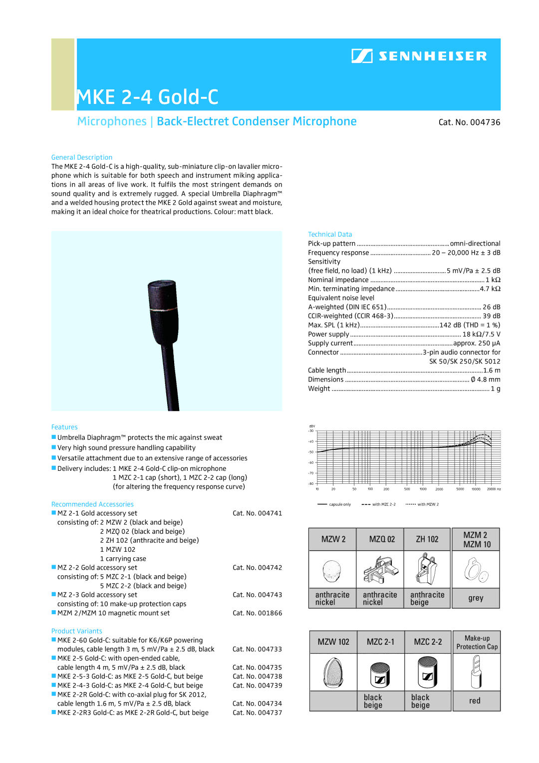 Sennheiser MKE 2-4 GOLD-C dimensions MKE 2-4 Gold-C, Microphones Back-Electret Condenser Microphone, Mzw, Mzm 