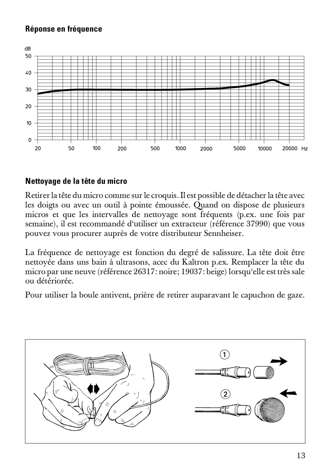 Sennheiser MKE 2 manual Réponse en fréquence Nettoyage de la tête du micro 