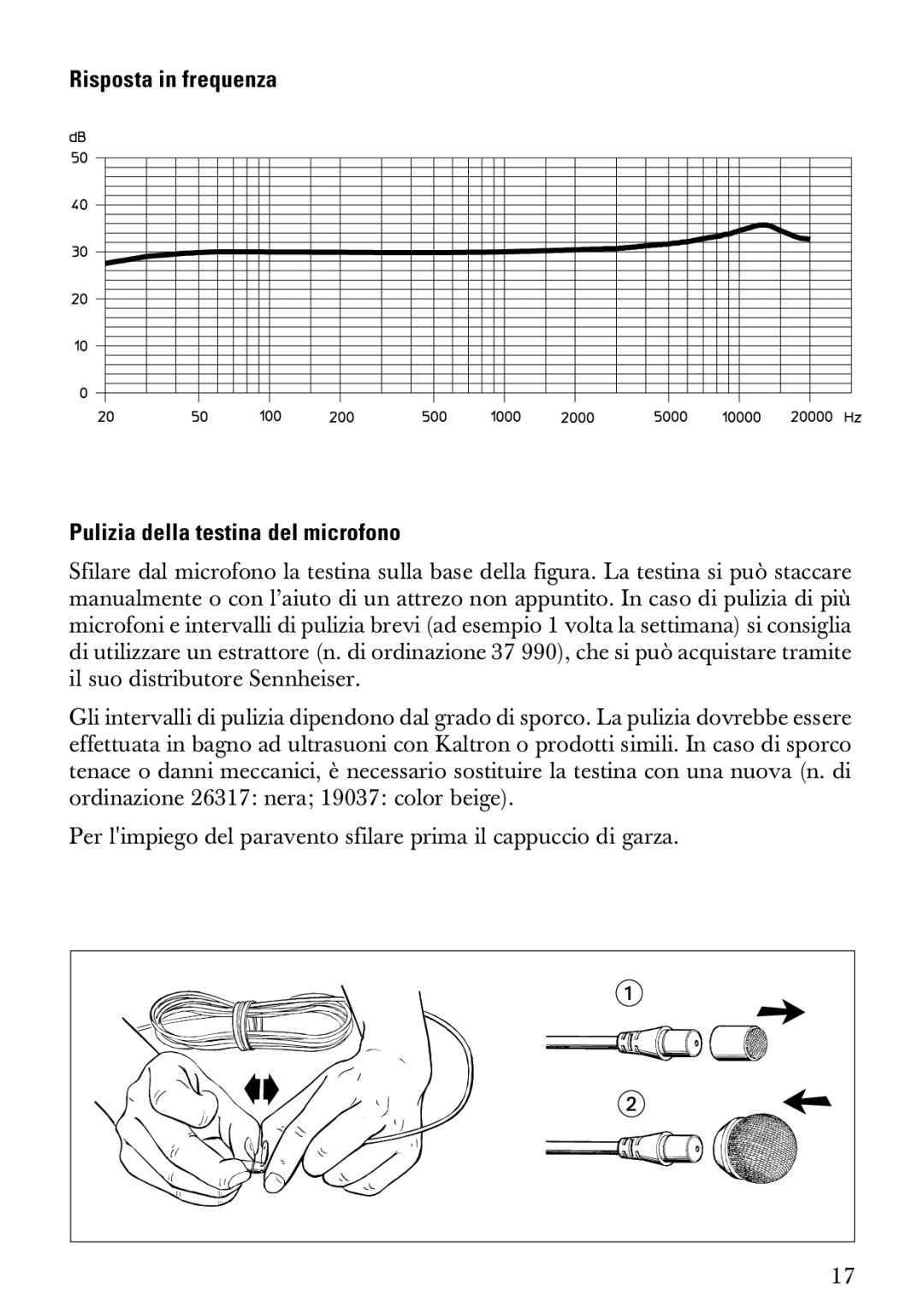 Sennheiser MKE 2 manual Risposta in frequenza Pulizia della testina del microfono 