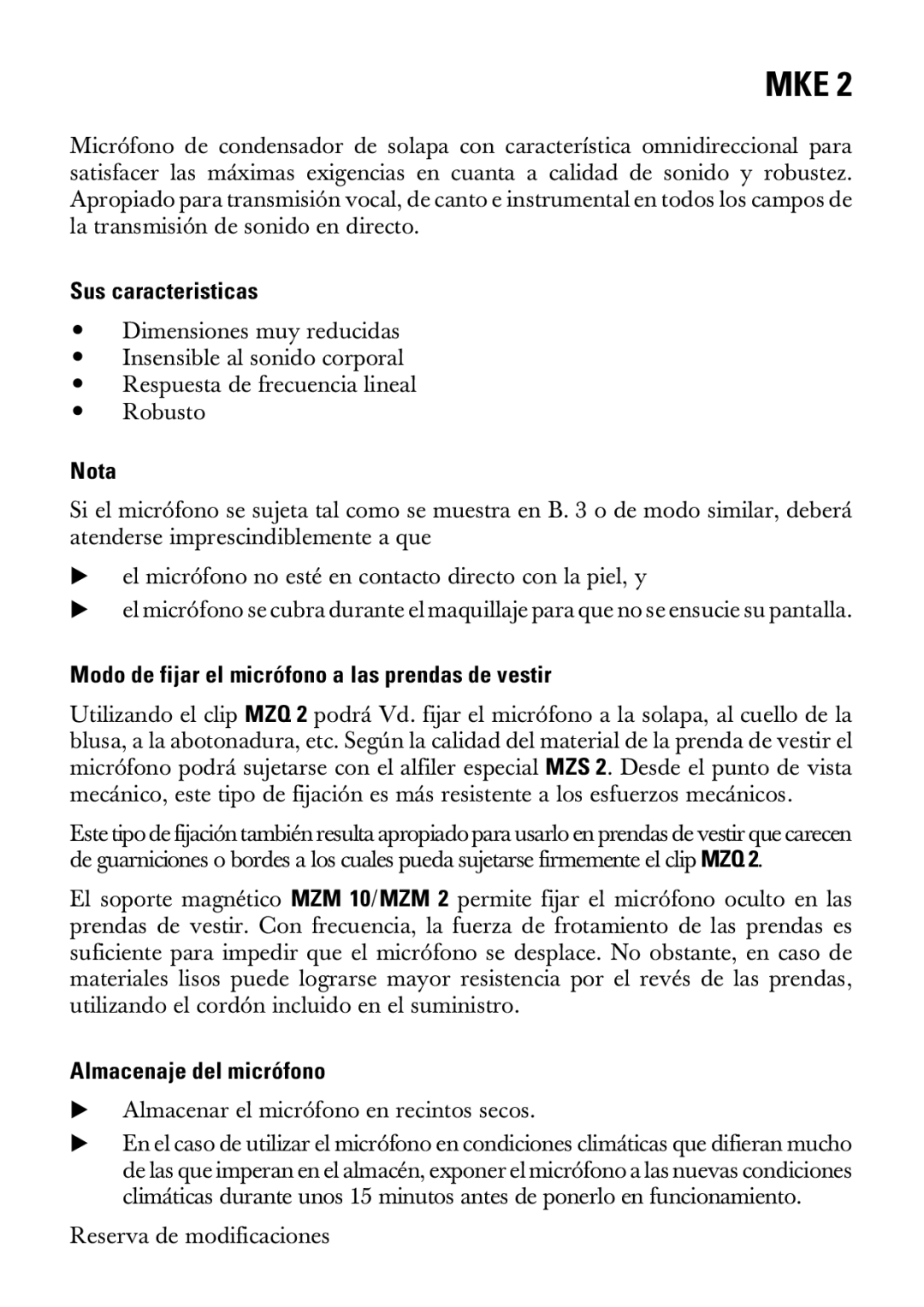 Sennheiser MKE 2 Sus caracteristicas, Nota, Modo de fijar el micrófono a las prendas de vestir, Almacenaje del micrófono 