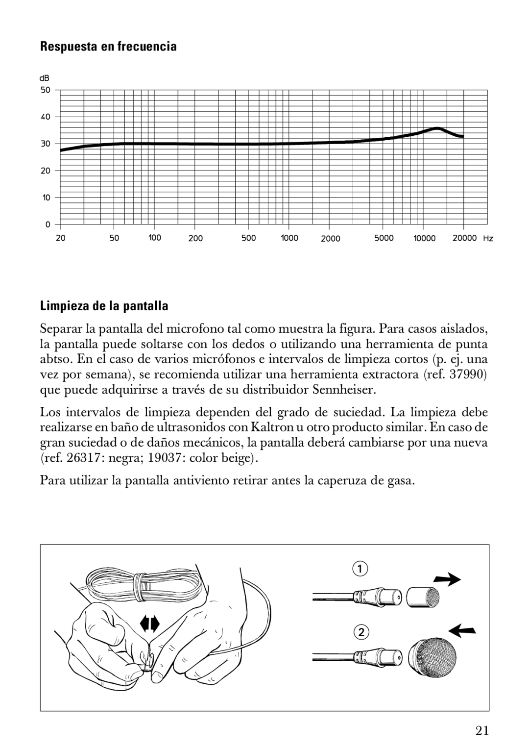 Sennheiser MKE 2 manual Respuesta en frecuencia Limpieza de la pantalla 