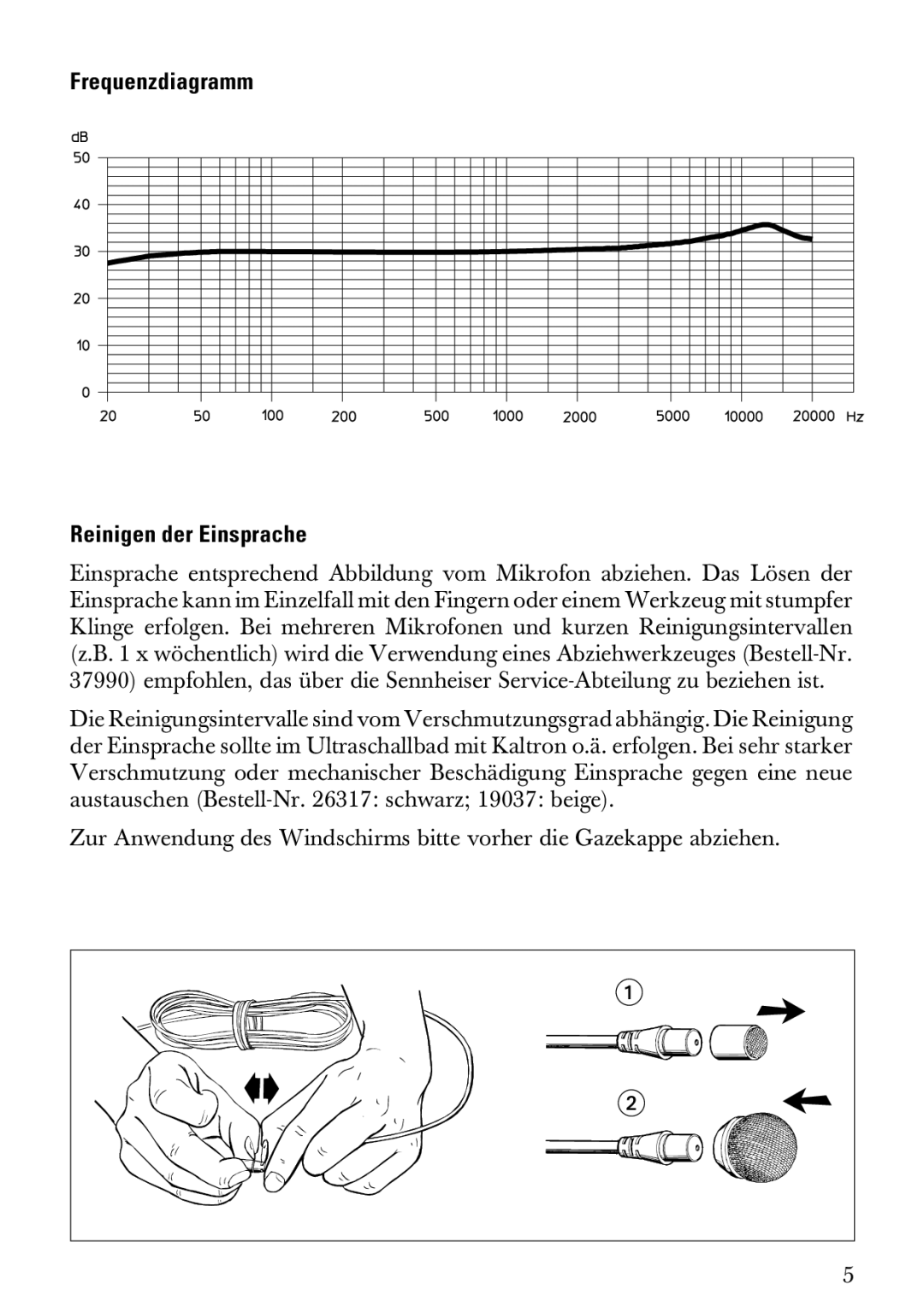 Sennheiser MKE 2 manual Frequenzdiagramm Reinigen der Einsprache 