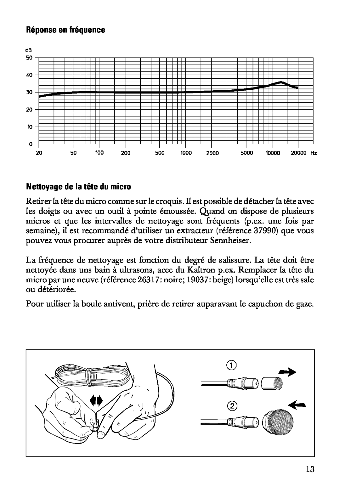 Sennheiser MKE 2 manual Réponse en fréquence Nettoyage de la tête du micro 