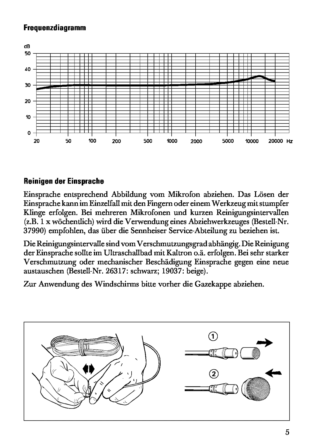 Sennheiser MKE 2 manual Frequenzdiagramm Reinigen der Einsprache 