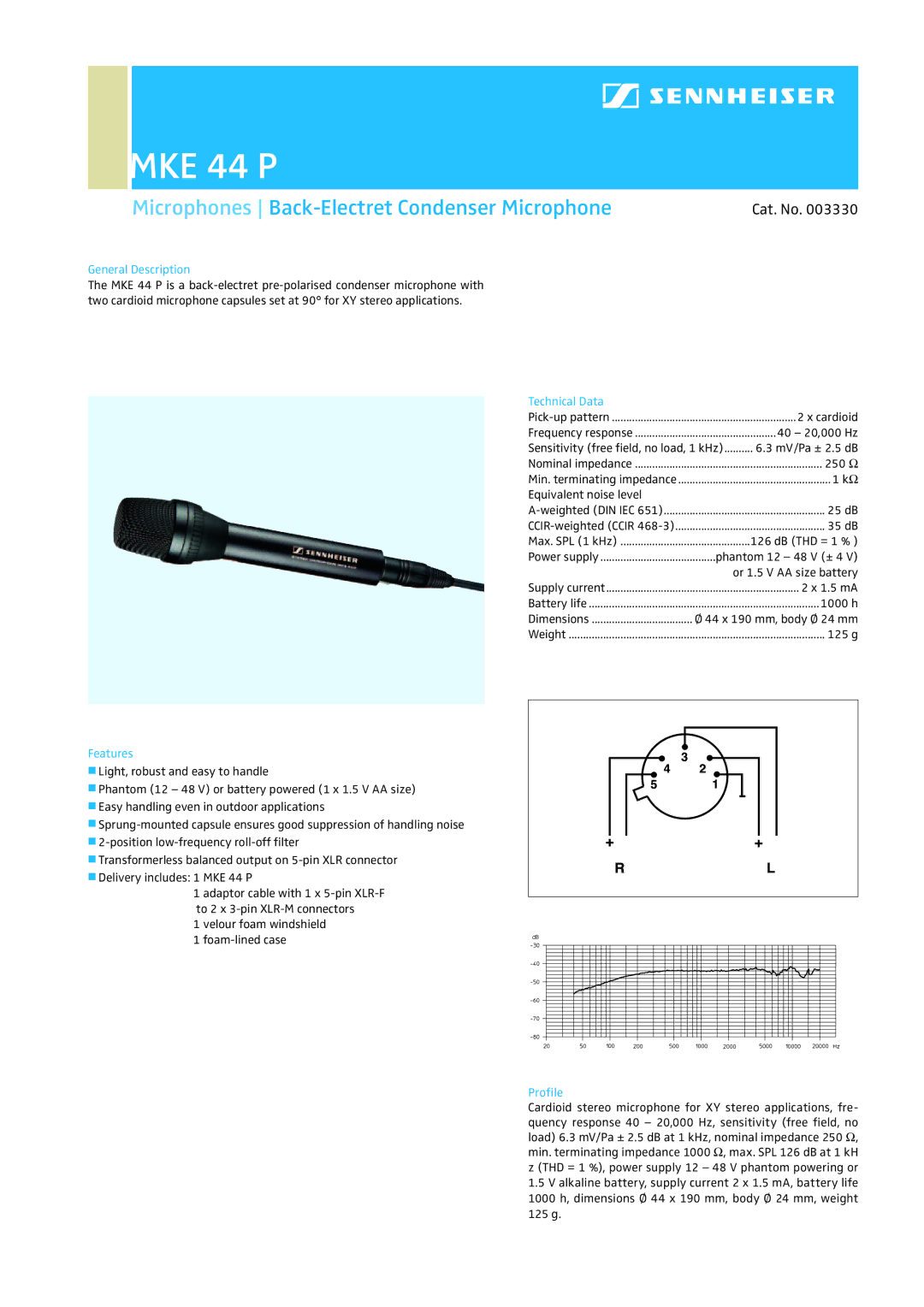 Sennheiser MKE 44 P dimensions Microphones Back-Electret Condenser Microphone, Cat. No 