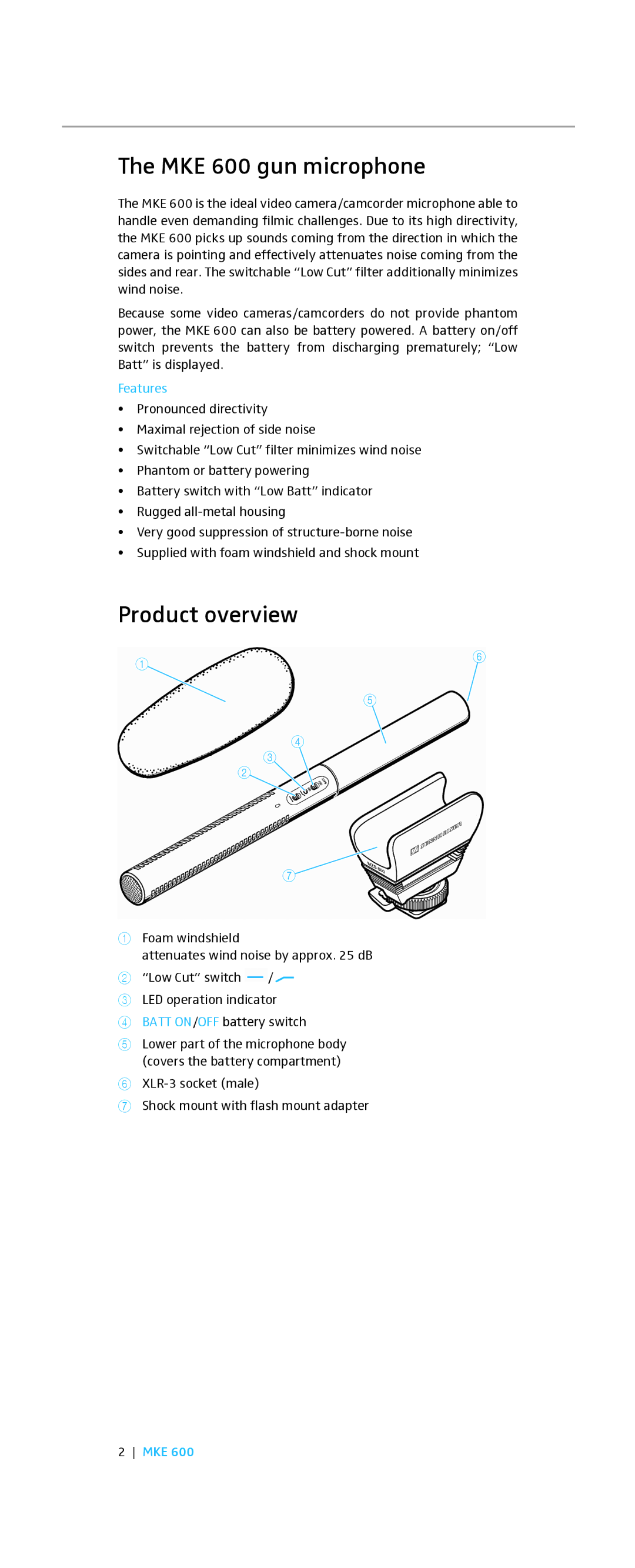 Sennheiser MKE 600 gun microphone, Product overview, Features, XLR-3 socket male Shock mount with flash mount adapter 