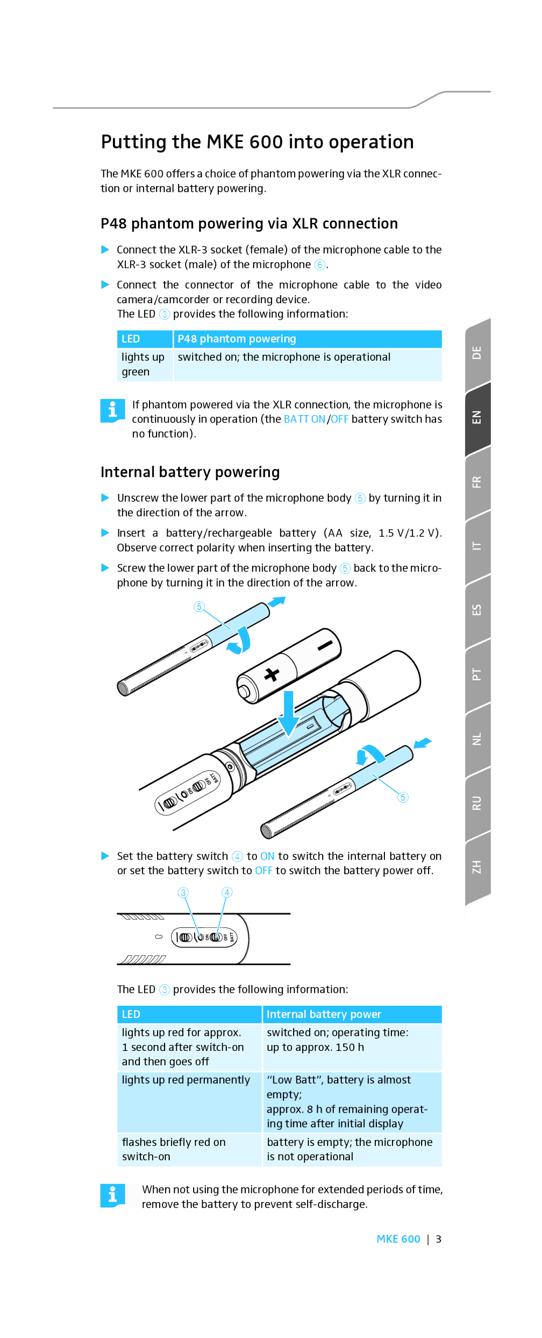 Sennheiser Putting the MKE 600 into operation, P48 phantom powering via XLR connection, Internal battery powering 