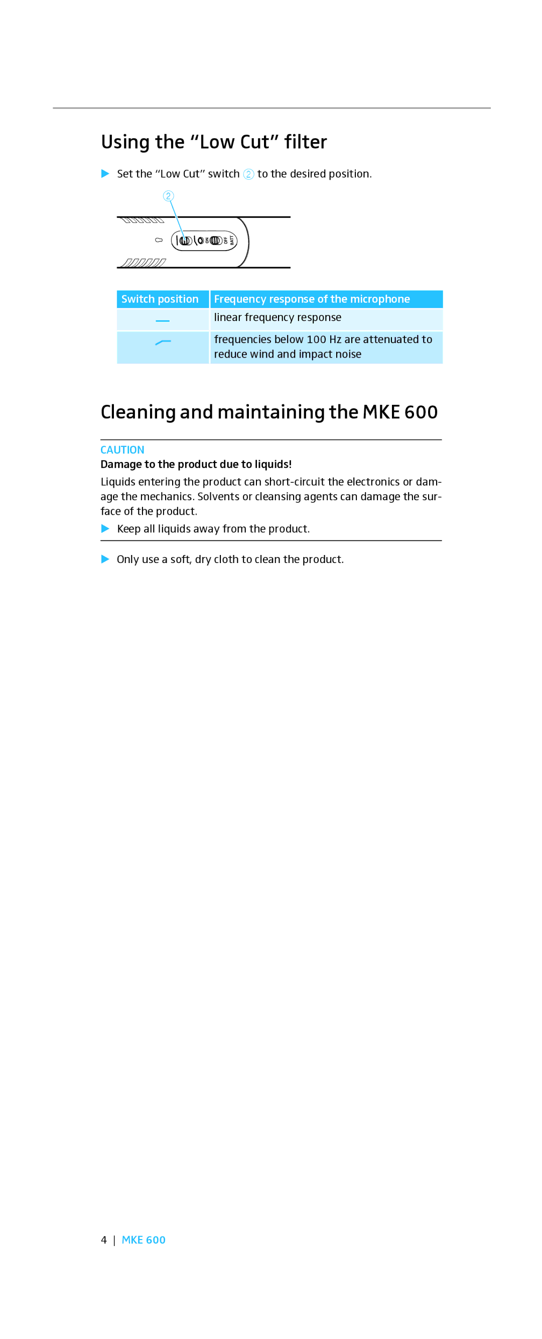 Sennheiser MKE 600 instruction manual Using the Low Cut filter, Cleaning and maintaining the MKE 