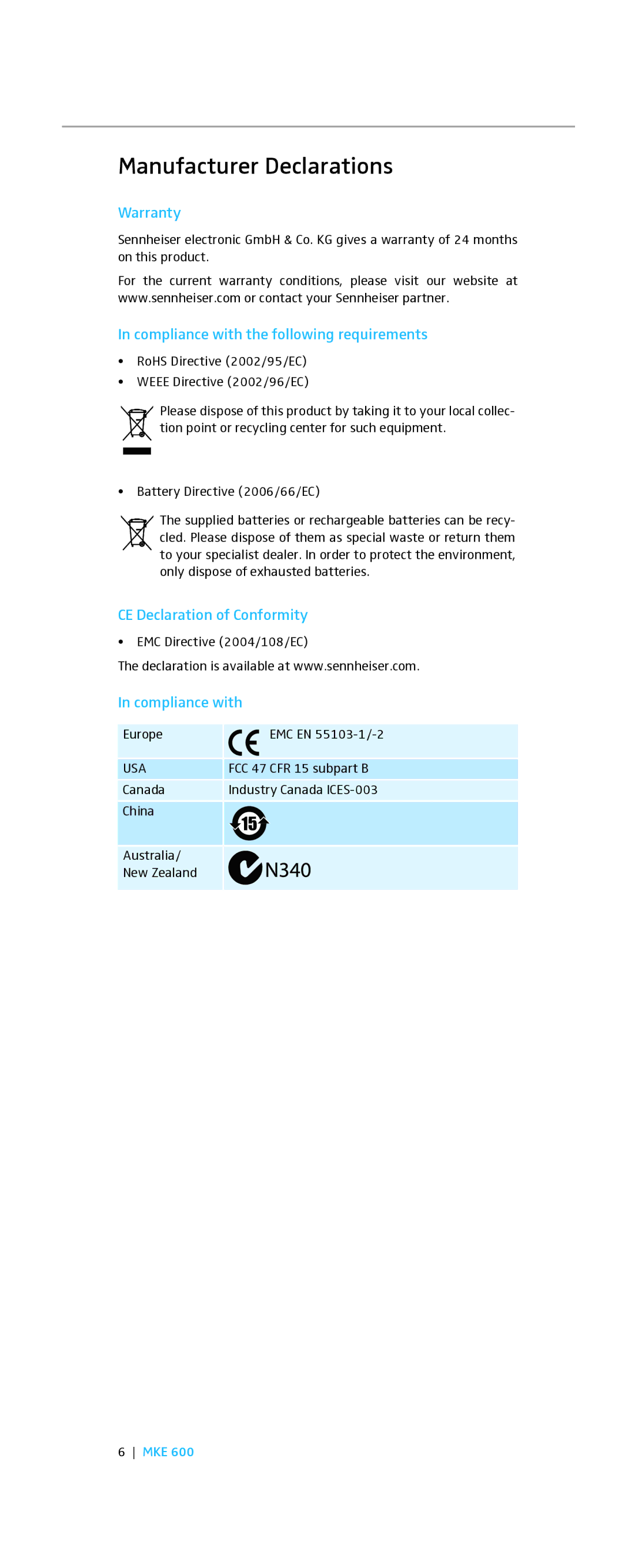 Sennheiser MKE 600 instruction manual Manufacturer Declarations, Warranty, Compliance with the following requirements 