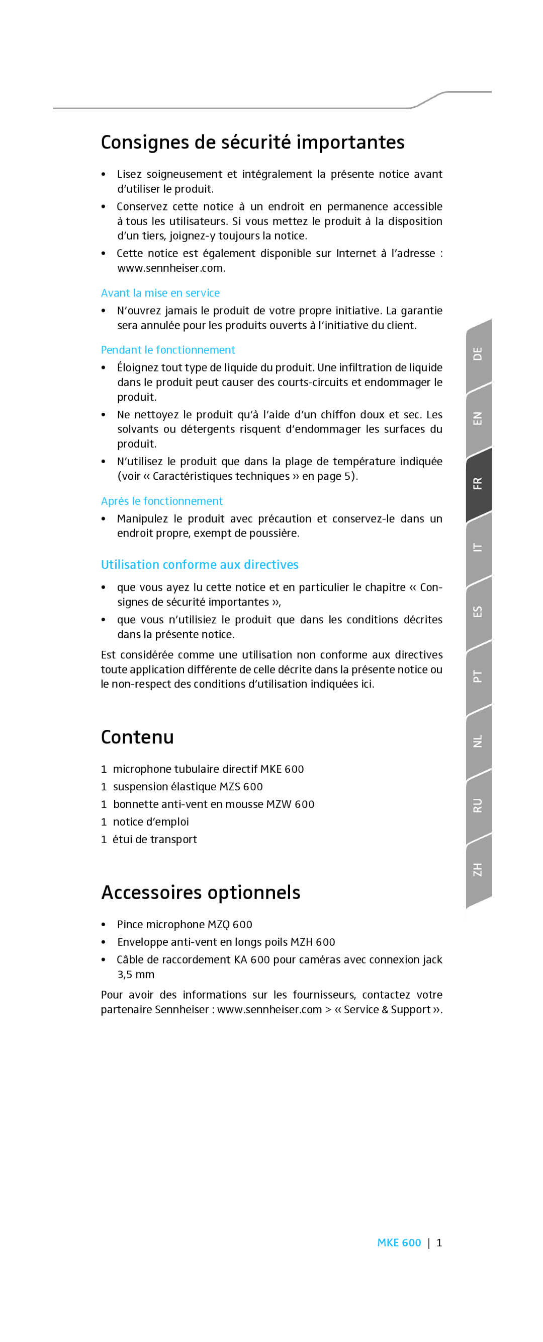 Sennheiser MKE 600 Consignes de sécurité importantes, Contenu, Accessoires optionnels, Utilisation conforme aux directives 