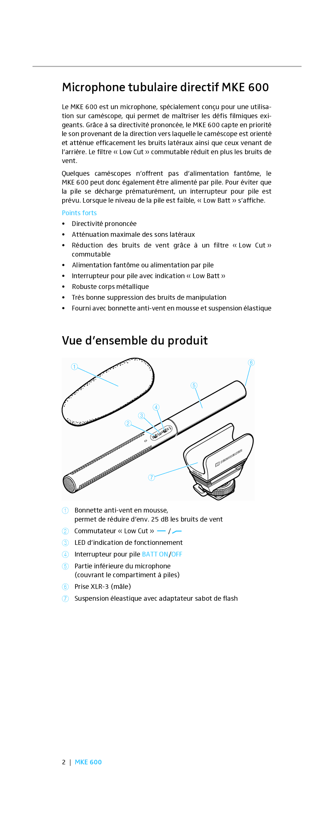 Sennheiser MKE 600 instruction manual Microphone tubulaire directif MKE, Vue d’ensemble du produit, Points forts 