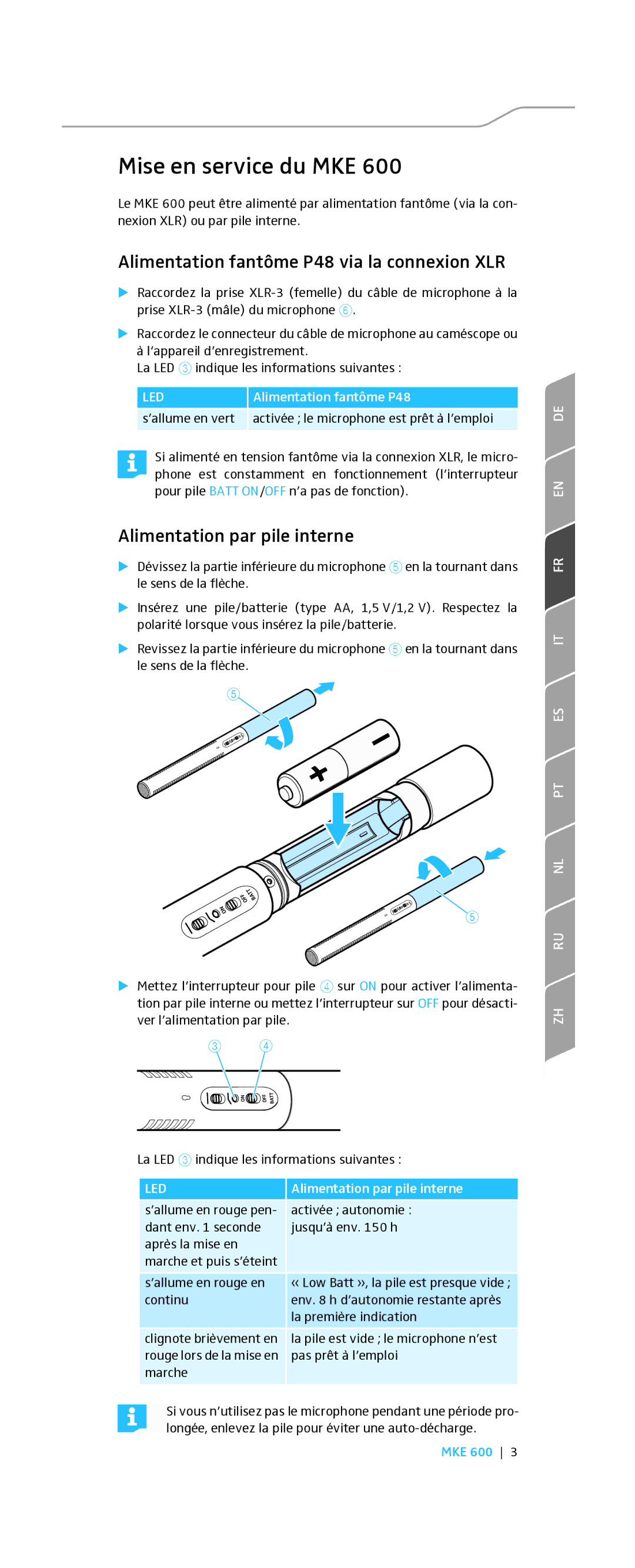 Sennheiser MKE 600 Mise en service du MKE, Alimentation fantôme P48 via la connexion XLR, Alimentation par pile interne 