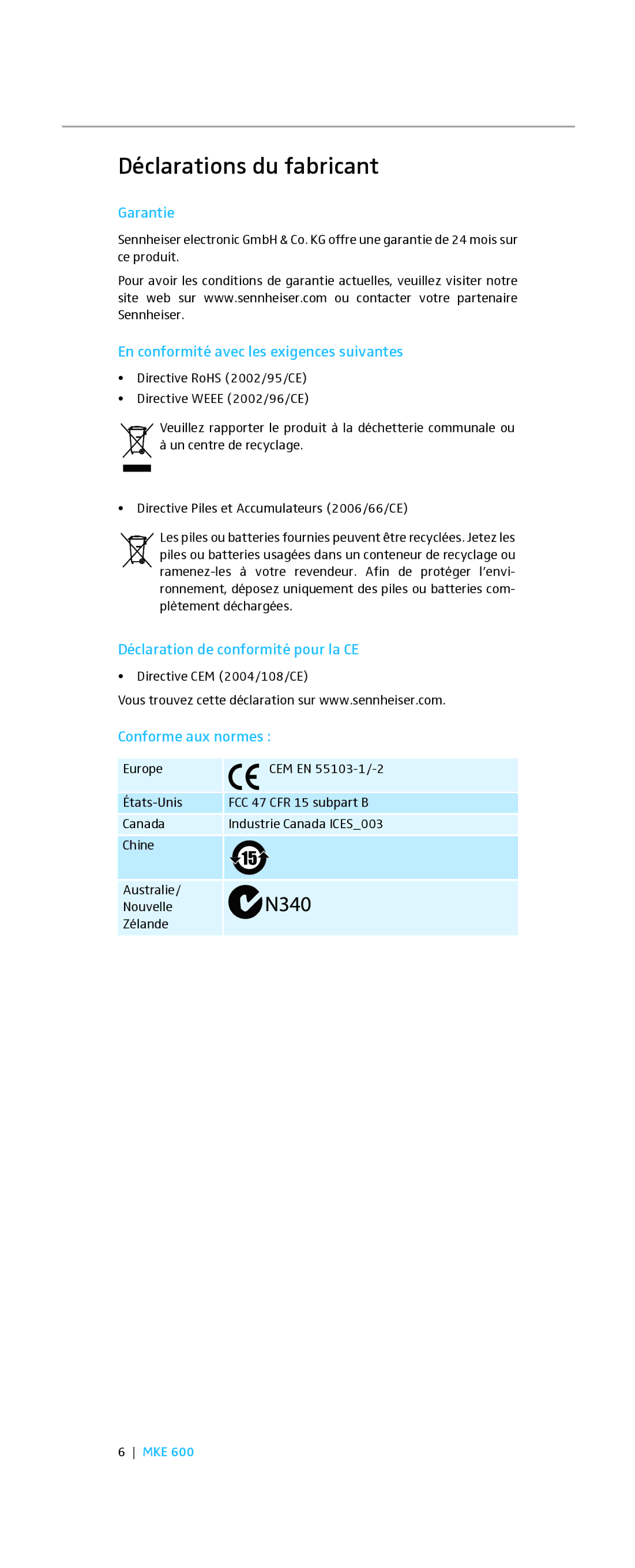 Sennheiser MKE 600 Déclarations du fabricant, En conformité avec les exigences suivantes, Conforme aux normes 