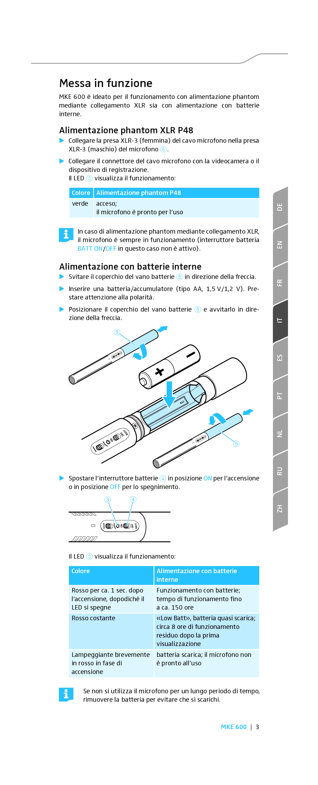 Sennheiser MKE 600 instruction manual Messa in funzione, Alimentazione phantom XLR P48, Alimentazione con batterie interne 