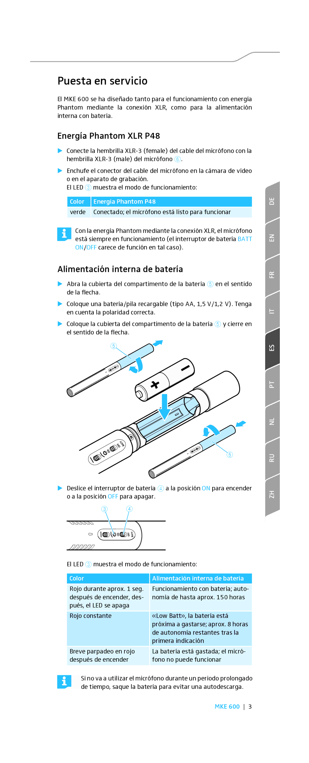 Sennheiser MKE 600 Puesta en servicio, Energía Phantom XLR P48, Alimentación interna de batería, Color Energía Phantom P48 