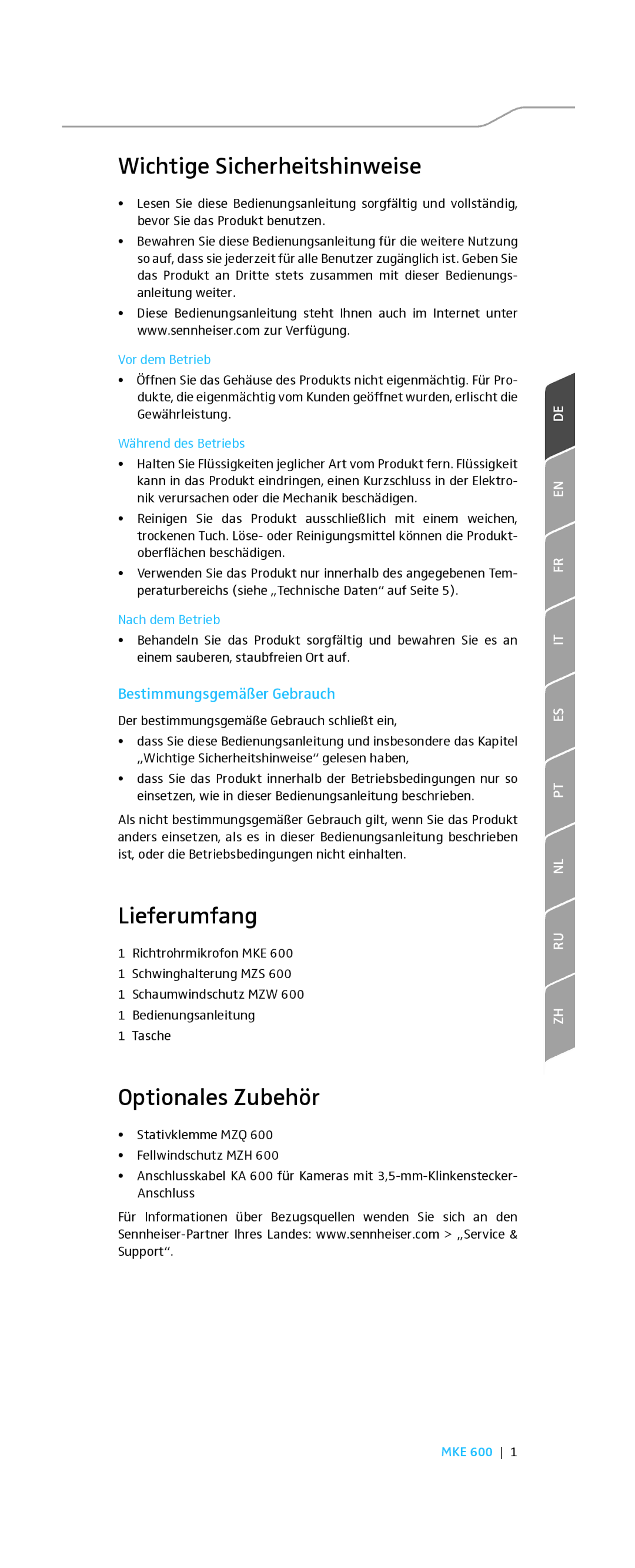 Sennheiser MKE 600 Wichtige Sicherheitshinweise, Lieferumfang, Optionales Zubehör, Bestimmungsgemäßer Gebrauch 