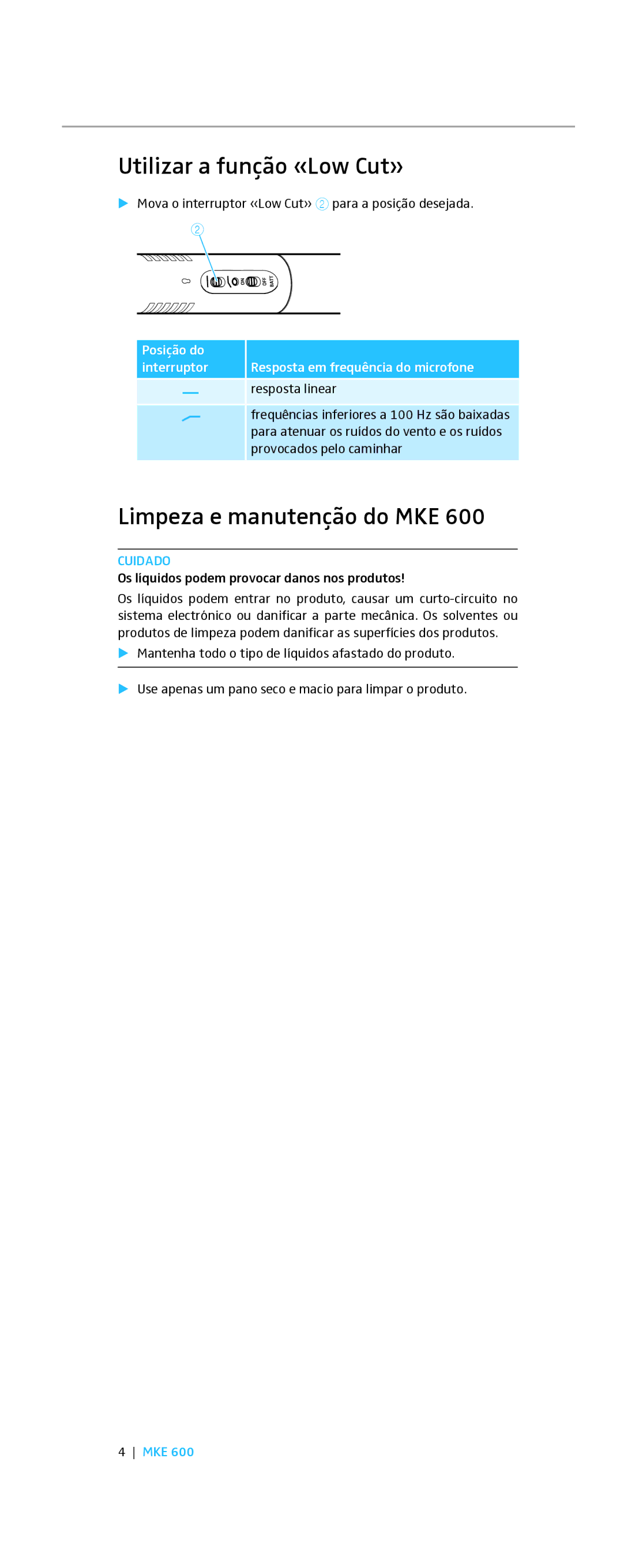 Sennheiser MKE 600 instruction manual Utilizar a função «Low Cut», Limpeza e manutenção do MKE 