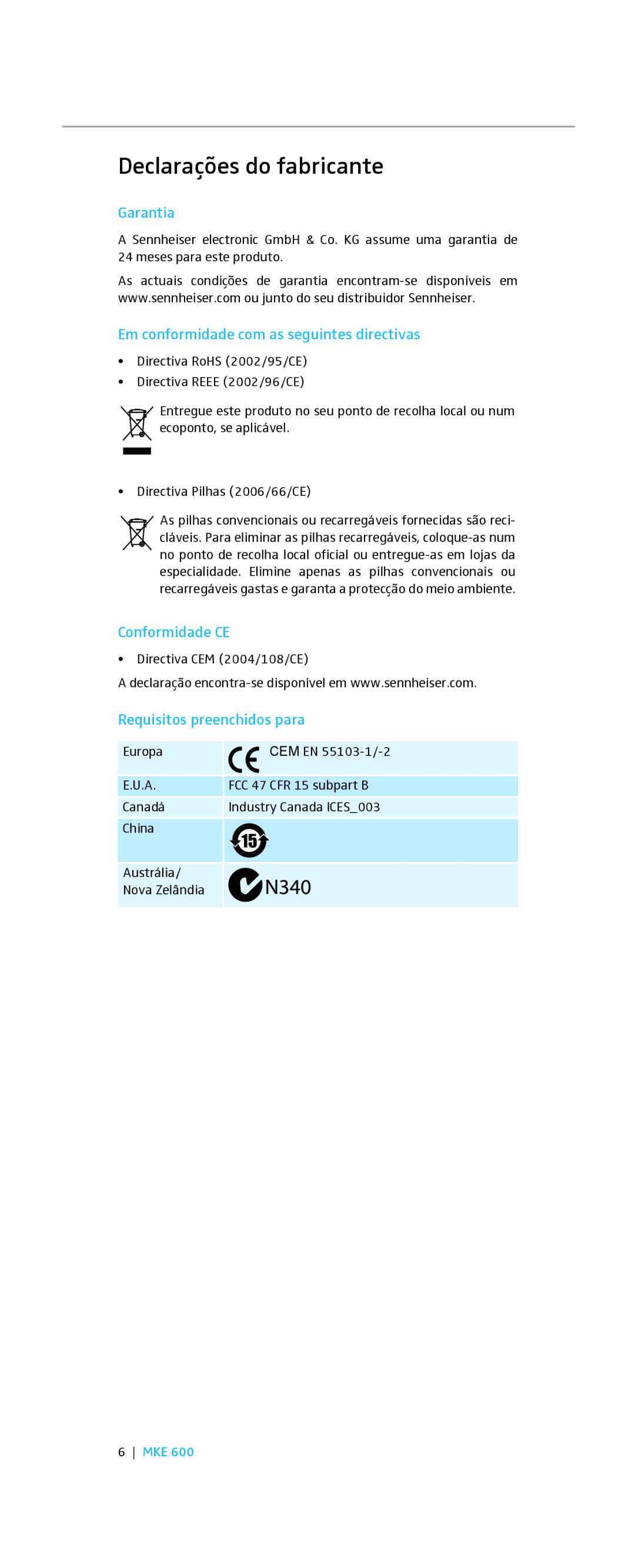 Sennheiser MKE 600 Declarações do fabricante, Garantia, Em conformidade com as seguintes directivas, Conformidade CE 