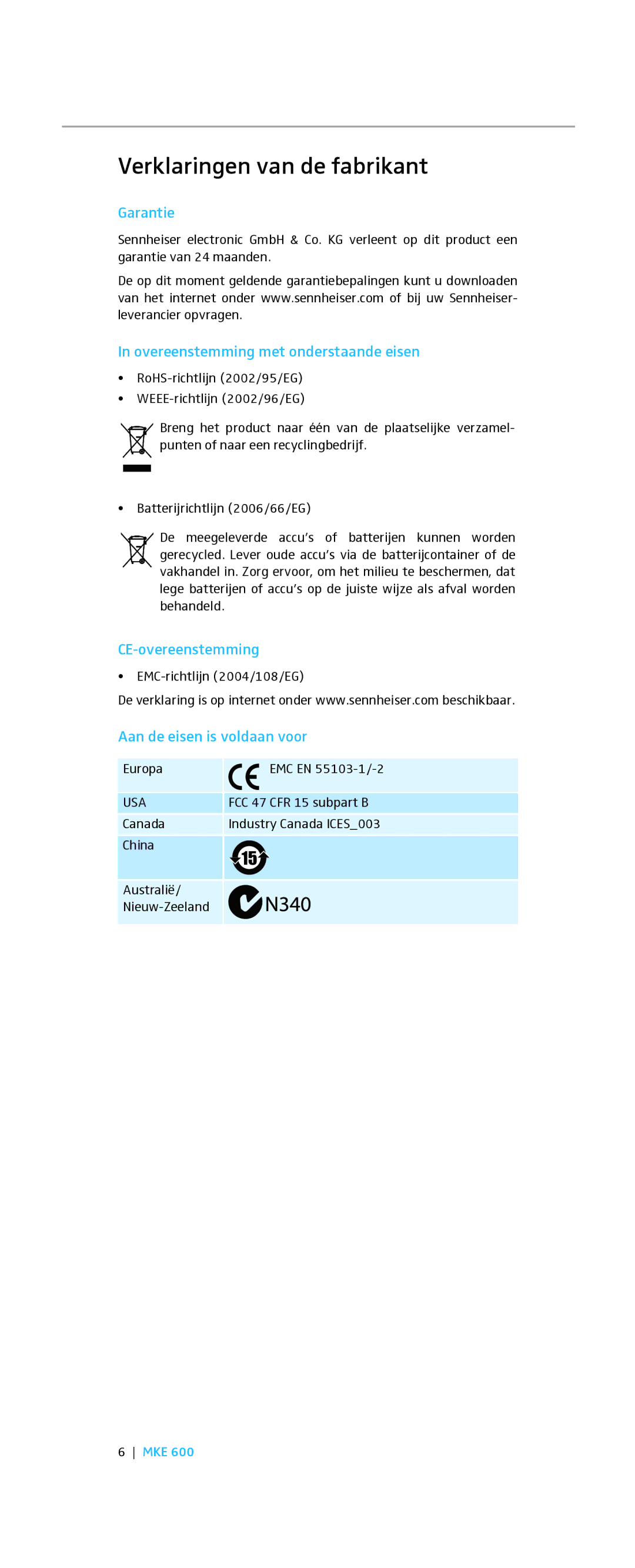 Sennheiser MKE 600 Verklaringen van de fabrikant, Overeenstemming met onderstaande eisen, CE-overeenstemming 