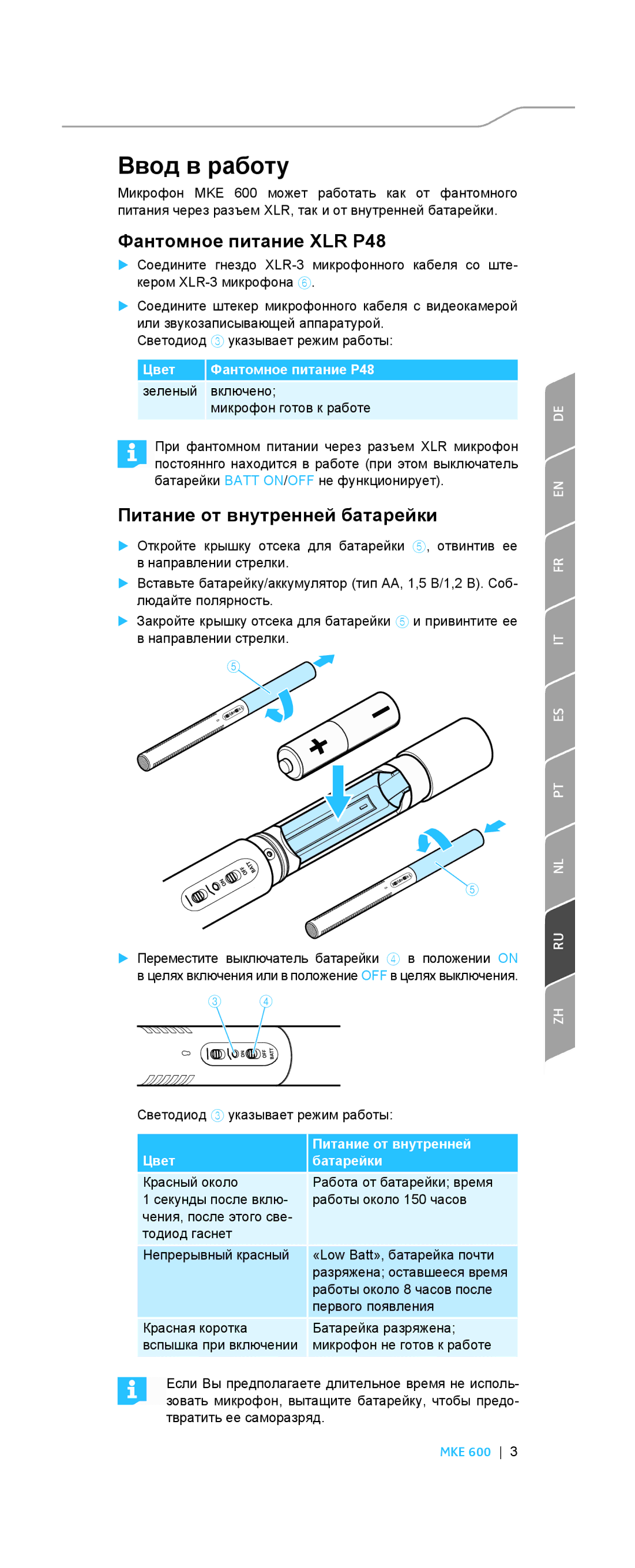 Sennheiser MKE 600 instruction manual Ввод в работу, Зеленый Включено Микрофон готов к работе 