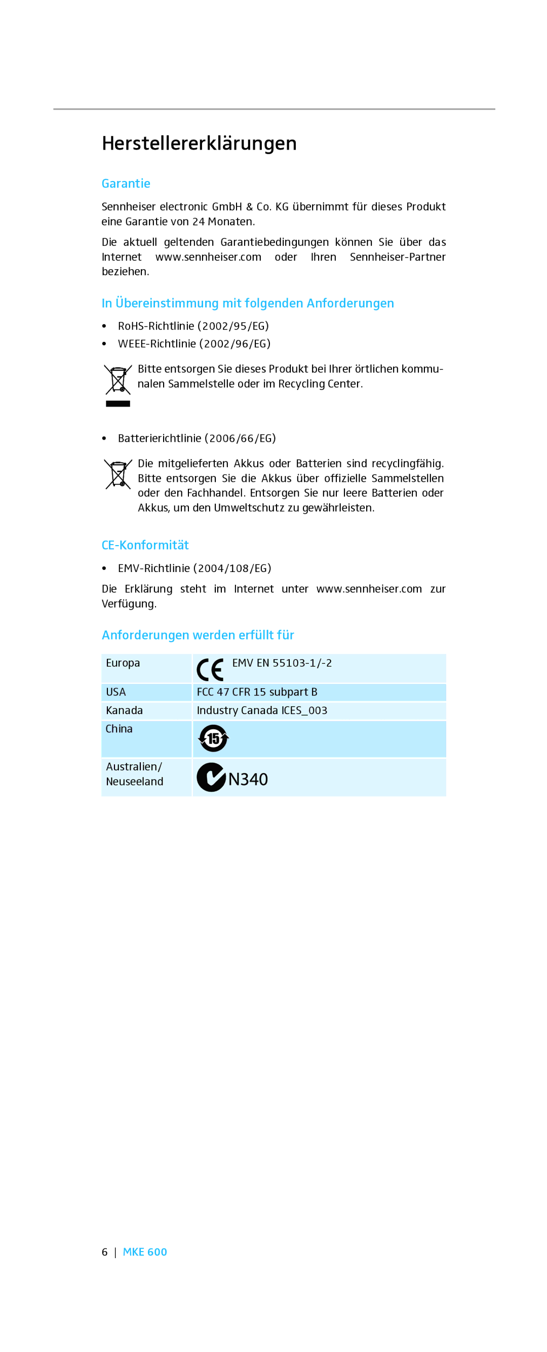 Sennheiser MKE 600 Herstellererklärungen, Garantie, Übereinstimmung mit folgenden Anforderungen, CE-Konformität 