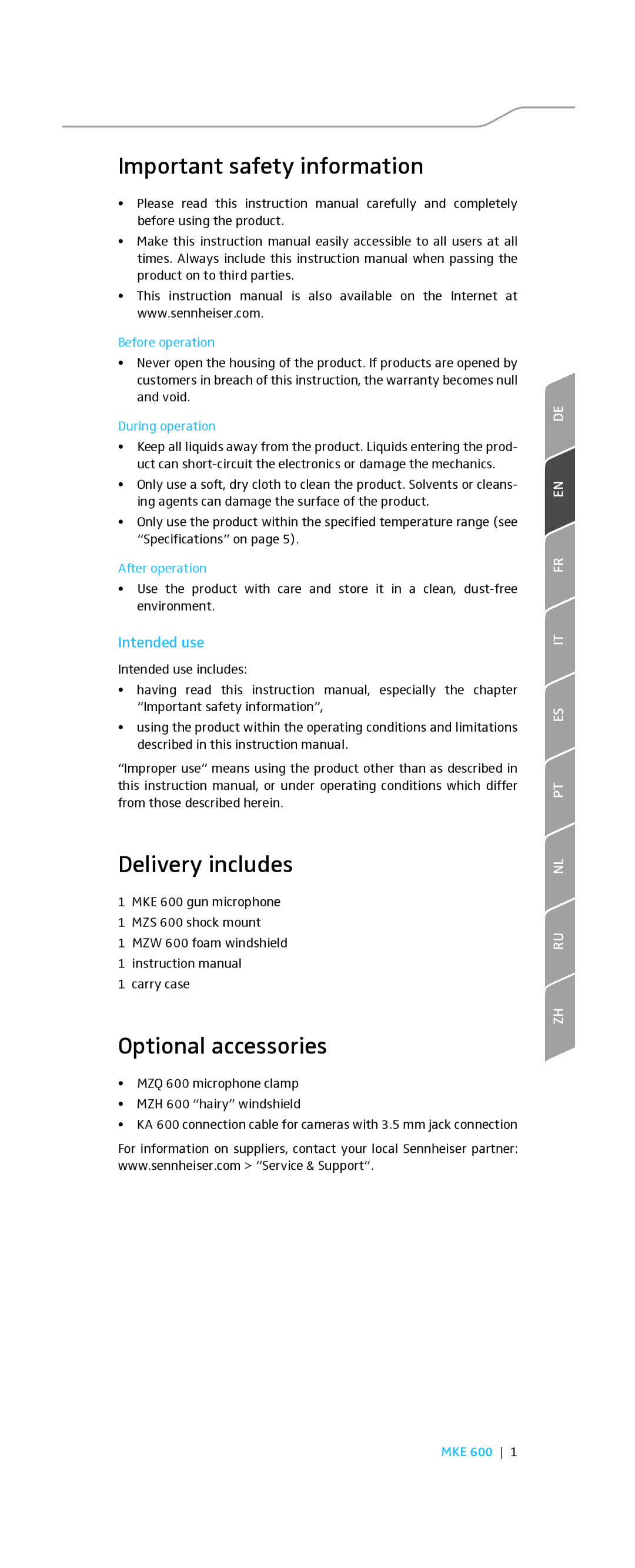 Sennheiser MKE 600 instruction manual Important safety information, Delivery includes, Optional accessories, Intended use 