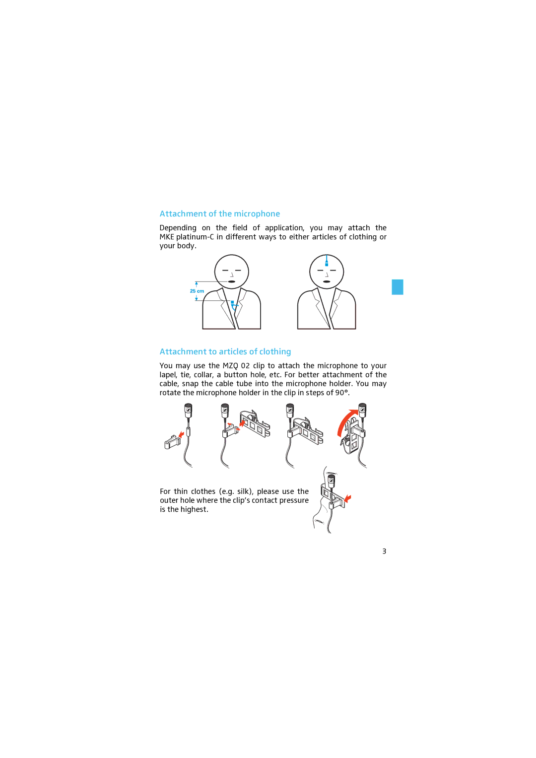 Sennheiser MKE platinum-C manual Attachment of the microphone, Attachment to articles of clothing 