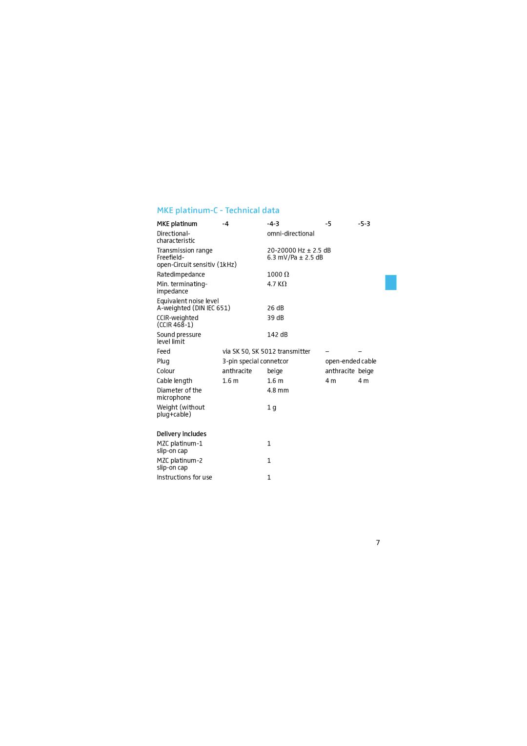 Sennheiser manual MKE platinum-C Technical data 