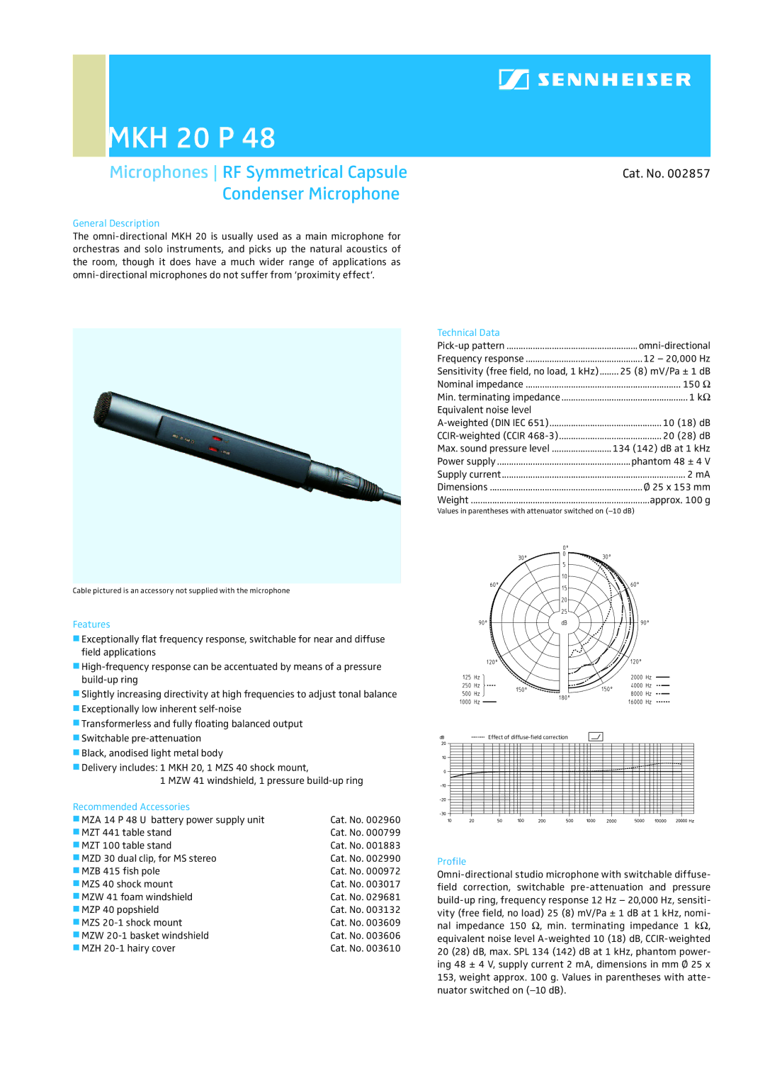 Sennheiser MKH 20 P 48 dimensions Microphones RF Symmetrical Capsule Condenser Microphone, Cat. No 