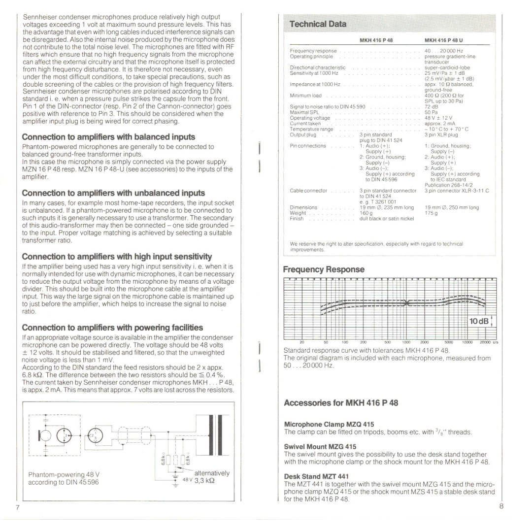 Sennheiser MKH 416 manual Connection to amplifiers with balanced inputs, Connection to amplifiers with unbalanced inputs 