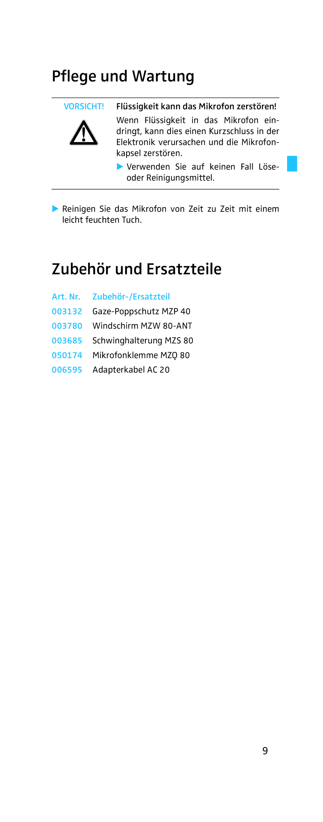 Sennheiser MKH 800 Twin manual Pflege und Wartung, Zubehör und Ersatzteile, Art. Nr. Zubehör-/Ersatzteil 