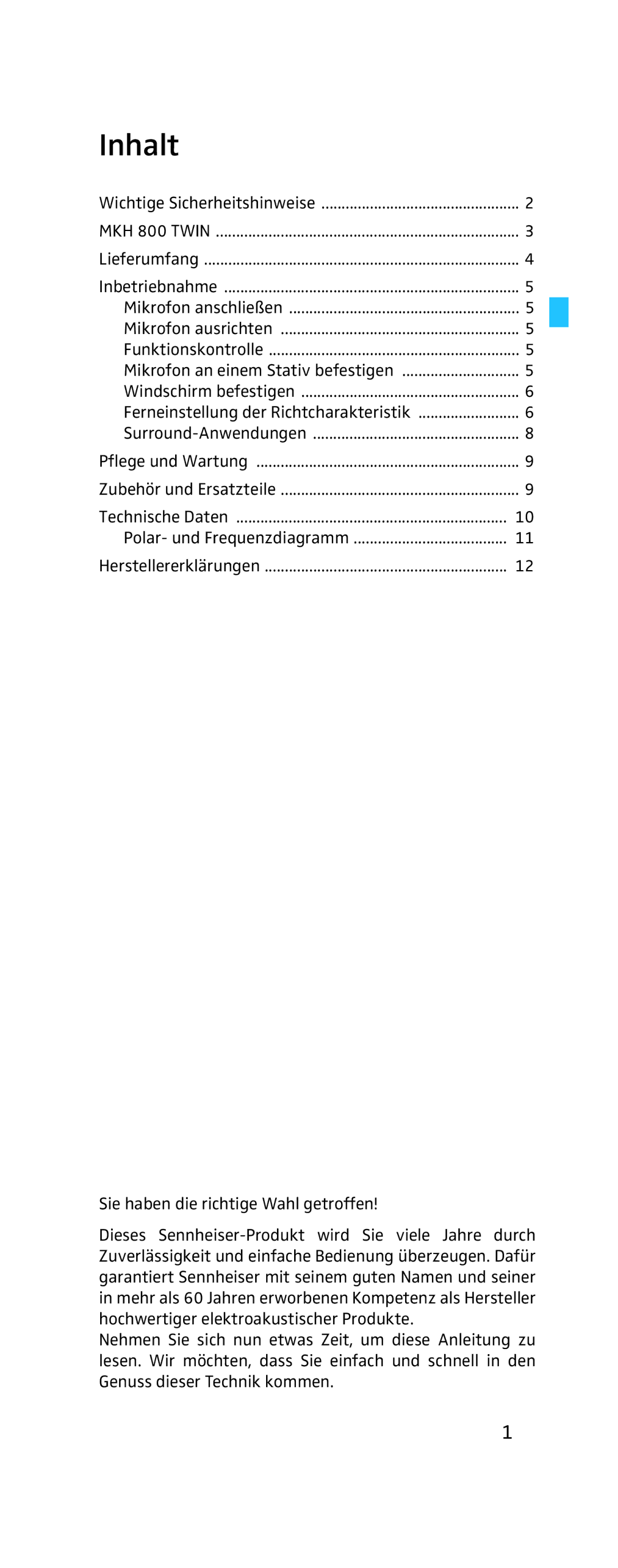 Sennheiser MKH 800 Twin manual Inhalt 