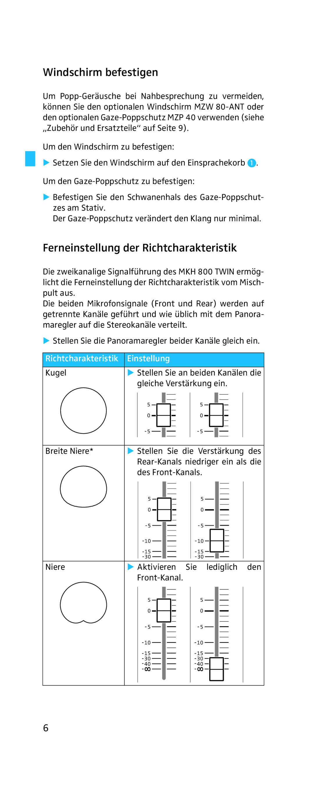 Sennheiser MKH 800 Twin manual Windschirm befestigen, Ferneinstellung der Richtcharakteristik 