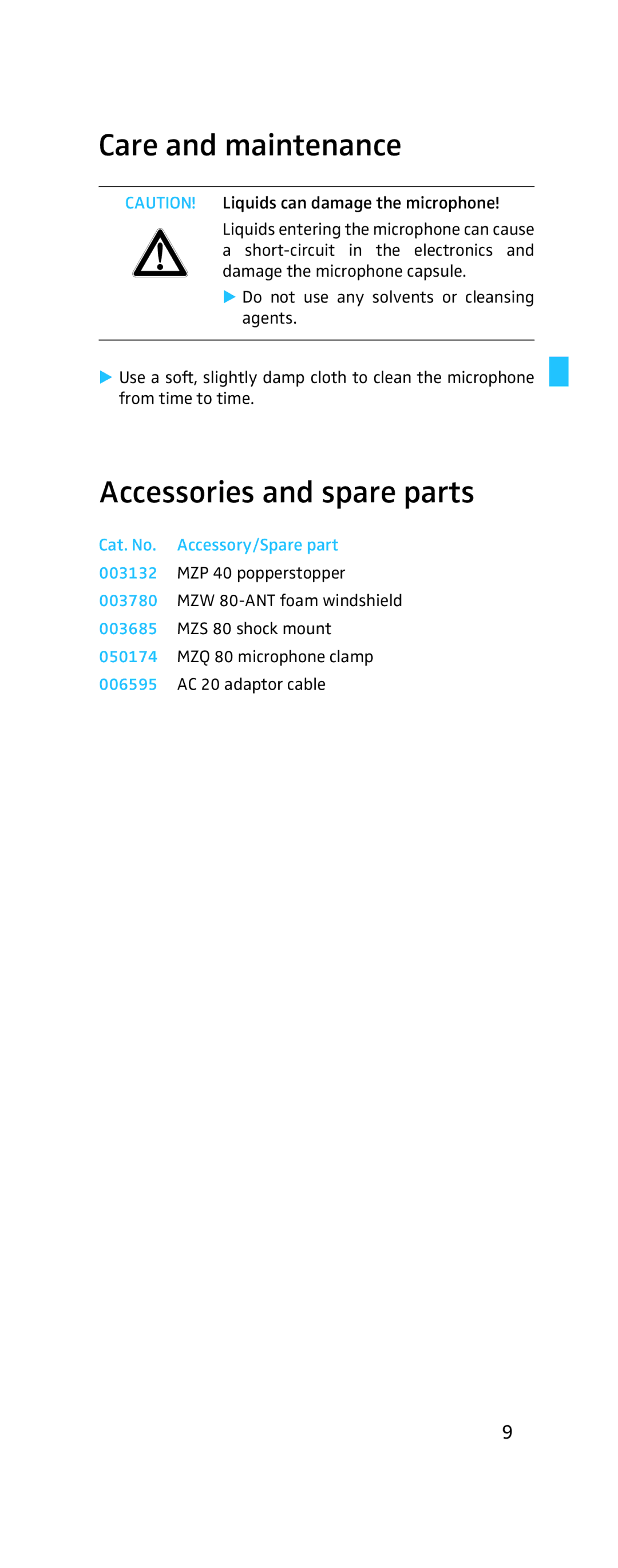 Sennheiser MKH-800 manual Care and maintenance, Accessories and spare parts, Cat. No. Accessory/Spare part 