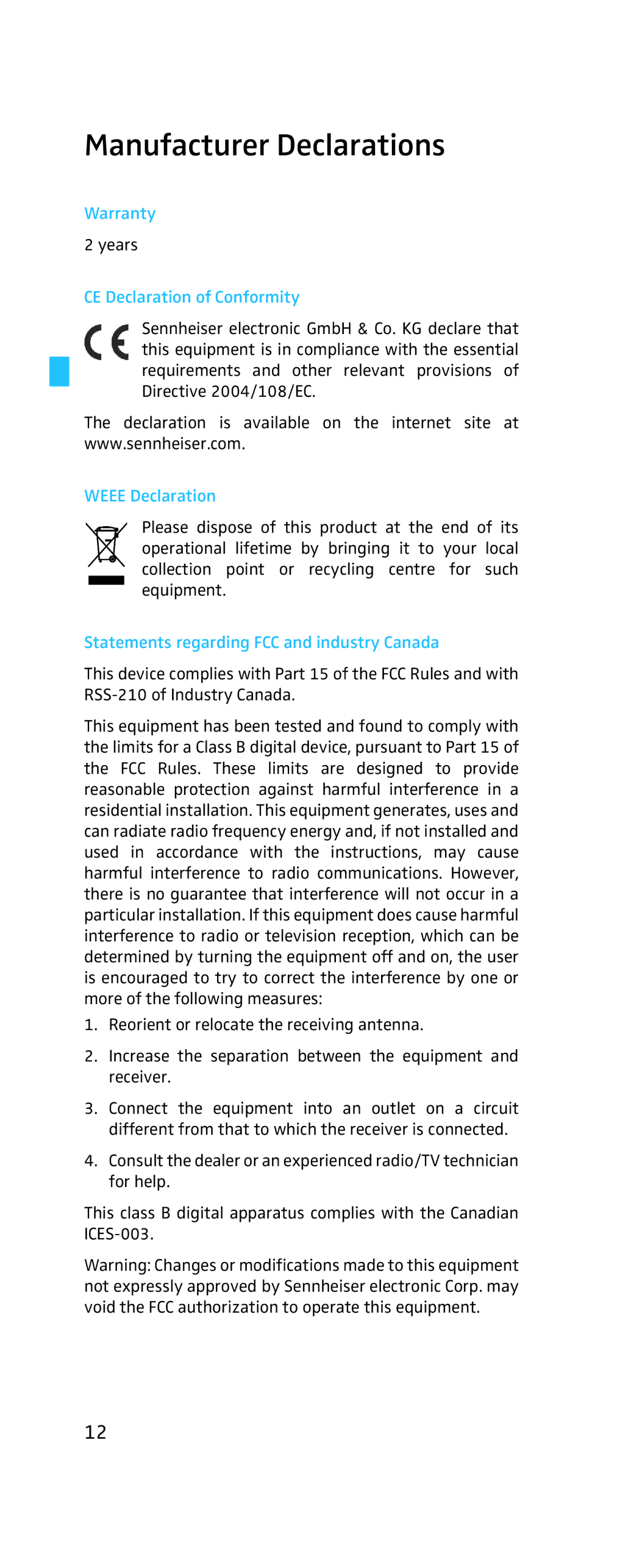 Sennheiser MKH-800 manual Manufacturer Declarations, Warranty, CE Declaration of Conformity, Weee Declaration 