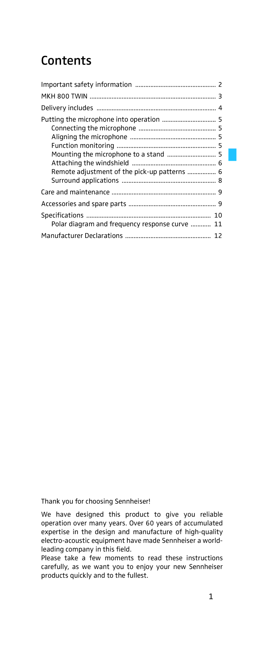 Sennheiser MKH-800 manual Contents 