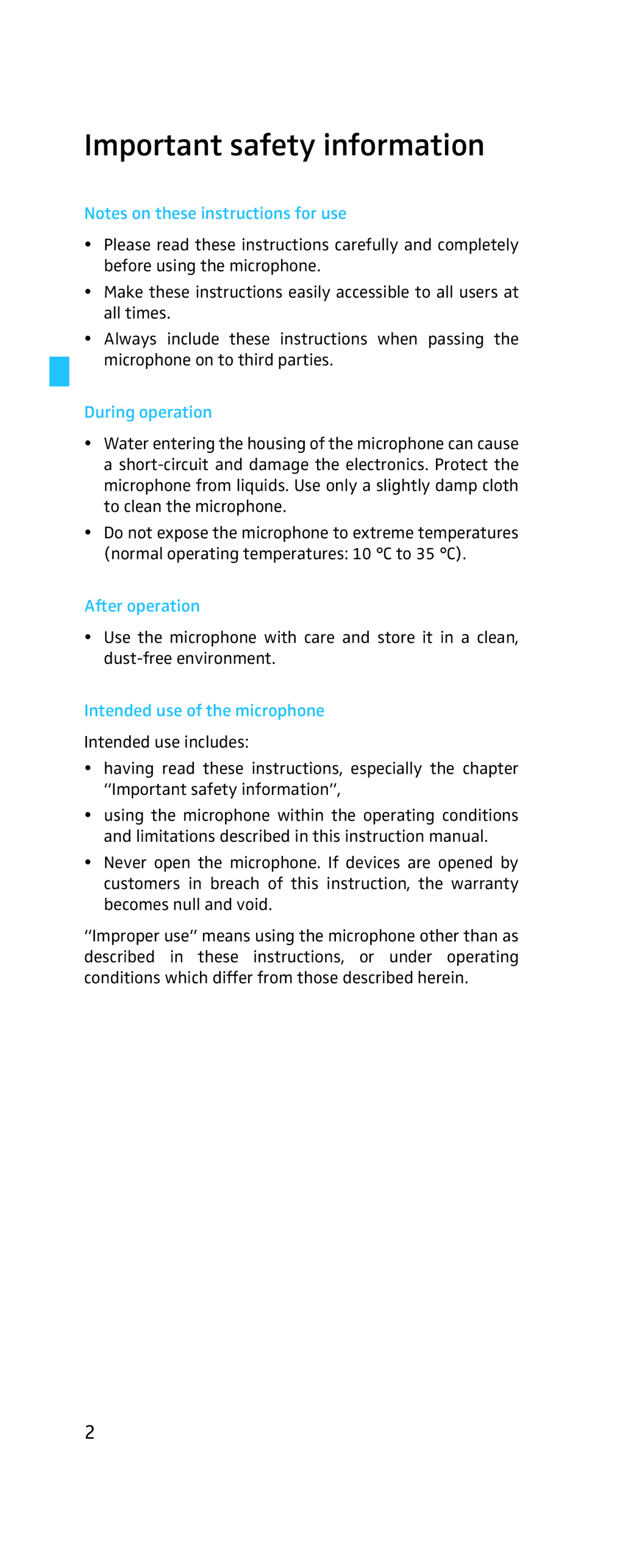 Sennheiser MKH-800 manual Important safety information, During operation, After operation, Intended use of the microphone 