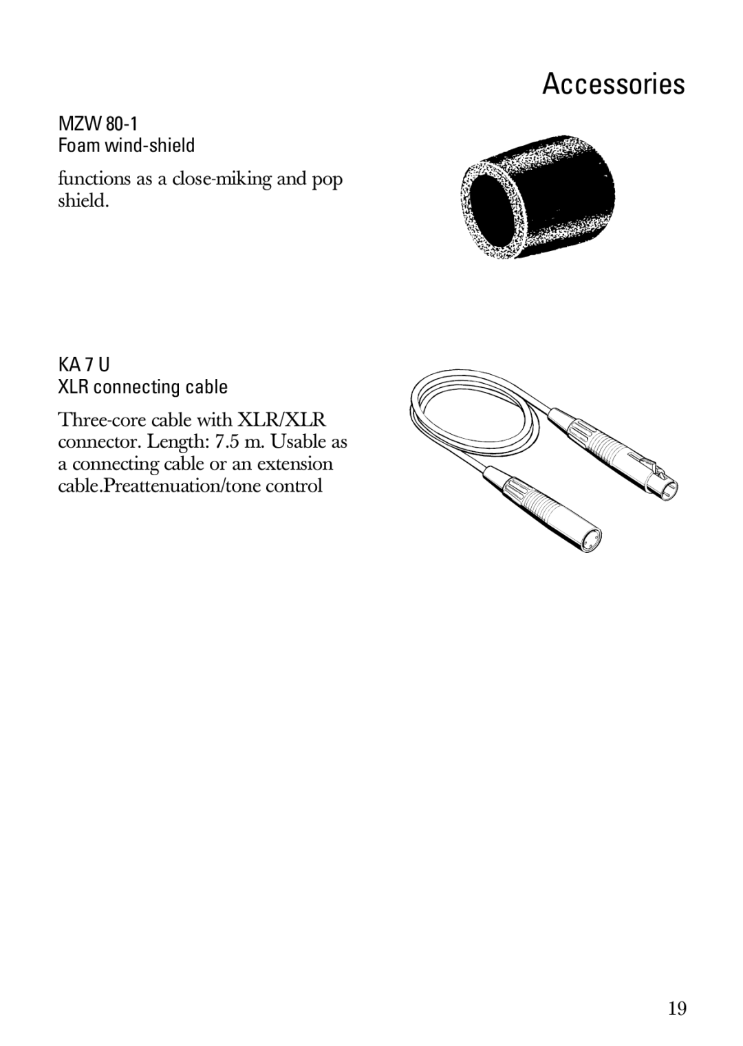 Sennheiser MKH 800 manual Accessories, KA 7 U XLR connecting cable 