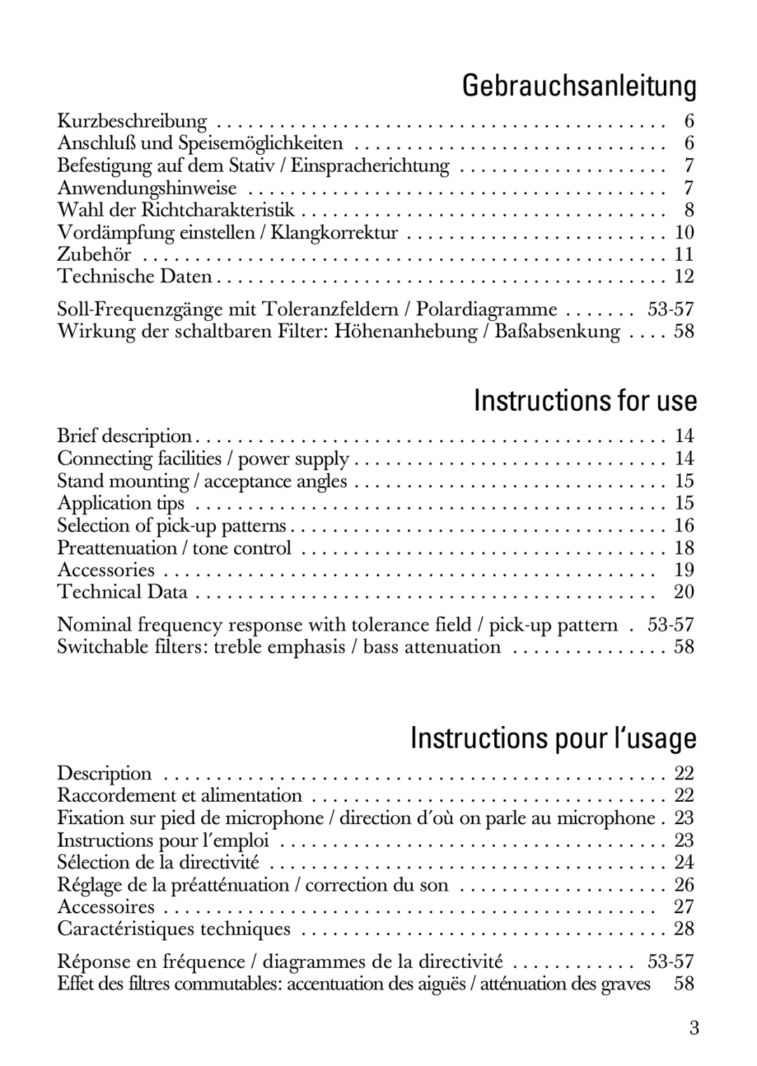 Sennheiser MKH 800 manual Gebrauchsanleitung, Instructions for use, Instructions pour l‘usage 