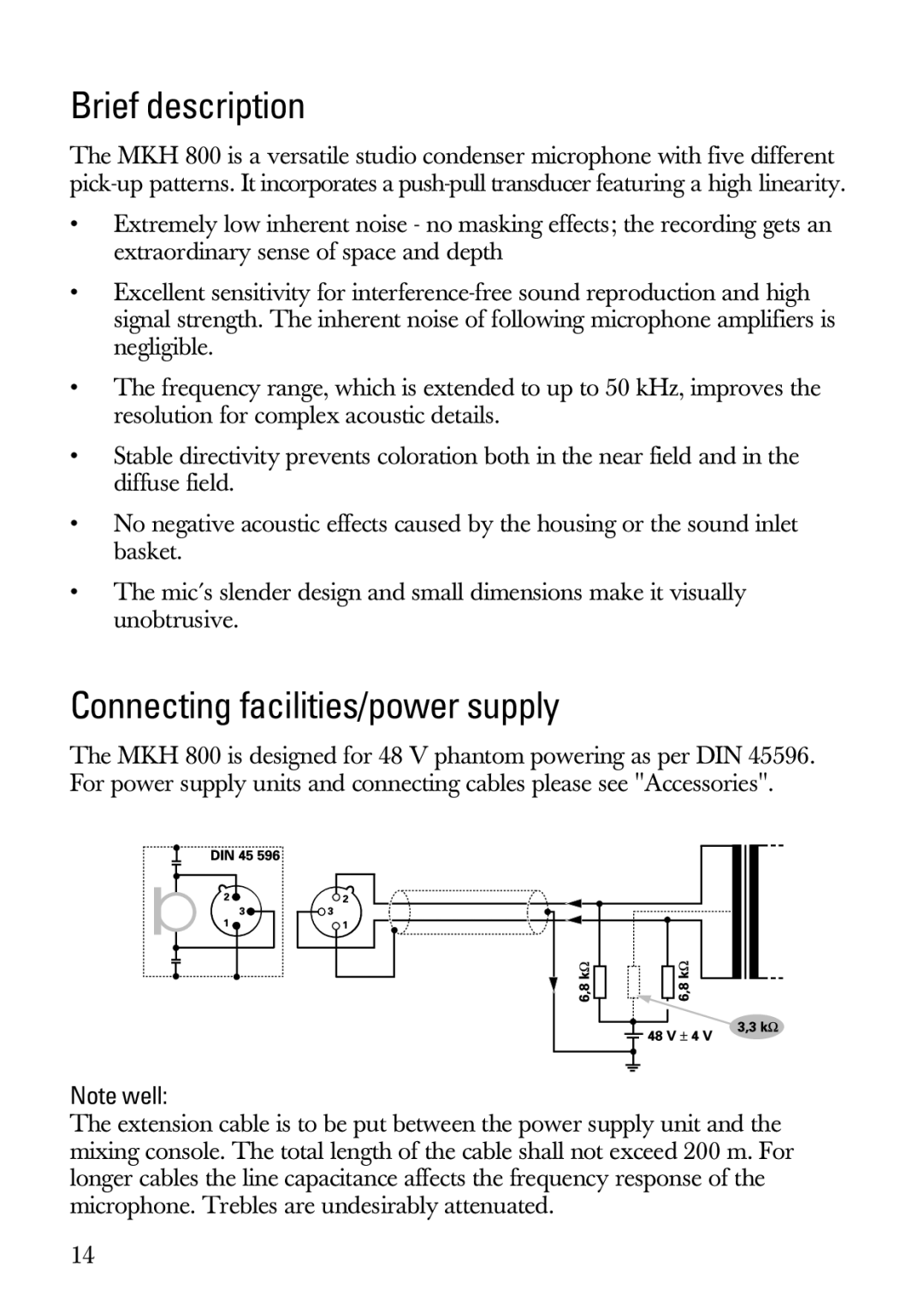 Sennheiser MKH 800 manual Brief description, Connecting facilities/power supply 