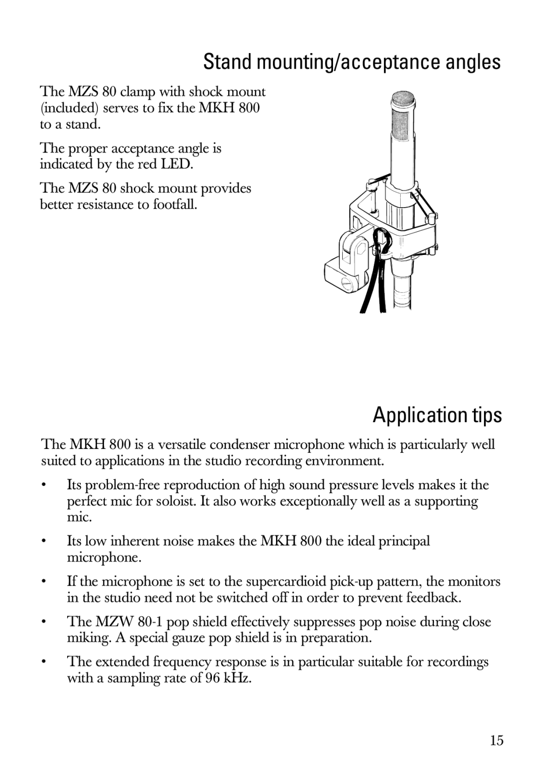 Sennheiser MKH 800 manual Stand mounting/acceptance angles, Application tips 