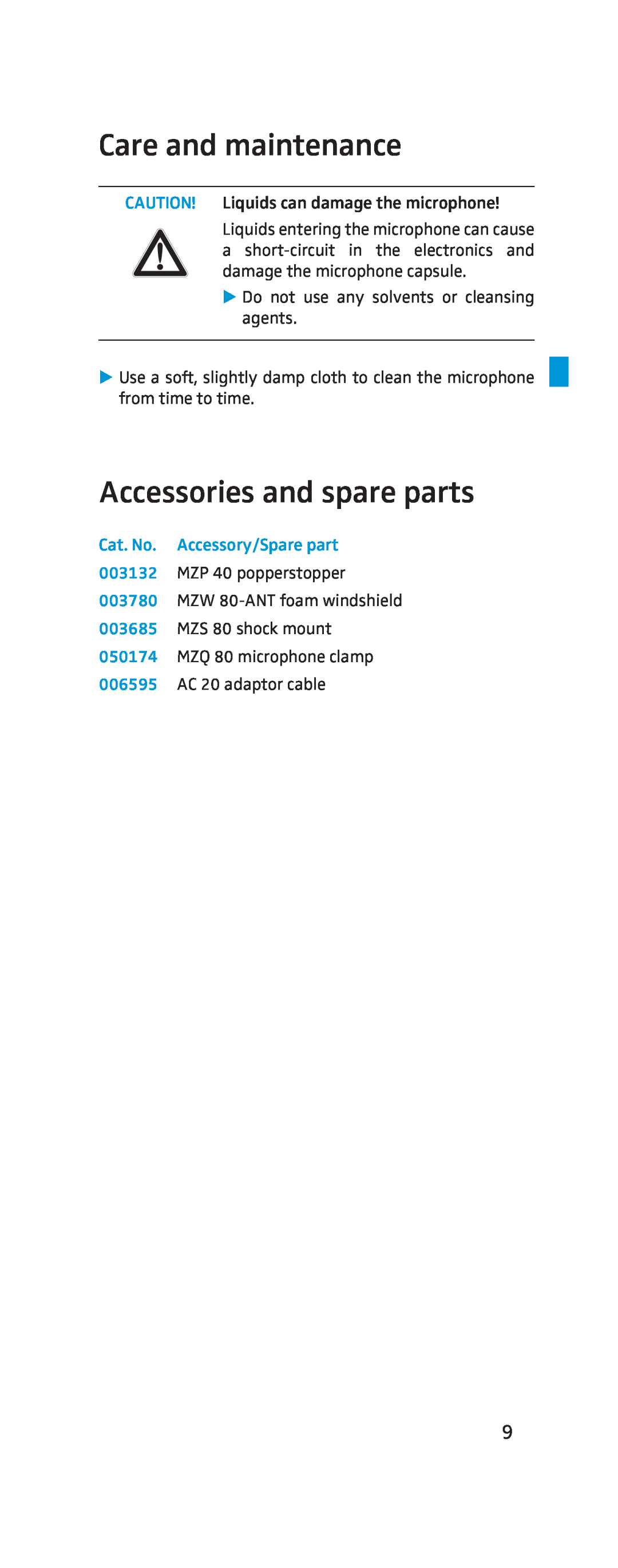 Sennheiser MKH-800 manual Care and maintenance, Accessories and spare parts, Cat. No. Accessory/Spare part 
