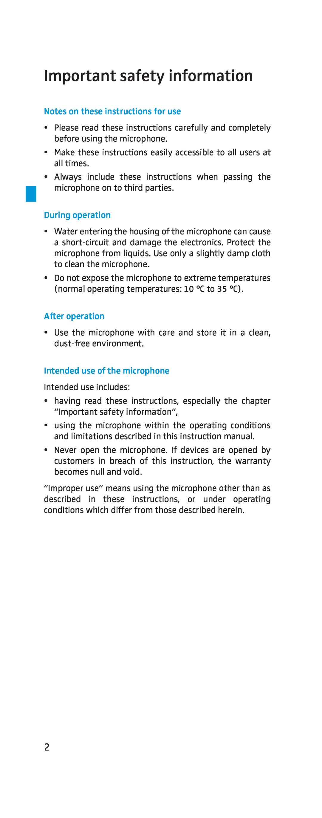 Sennheiser MKH-800 Important safety information, Notes on these instructions for use, During operation, After operation 