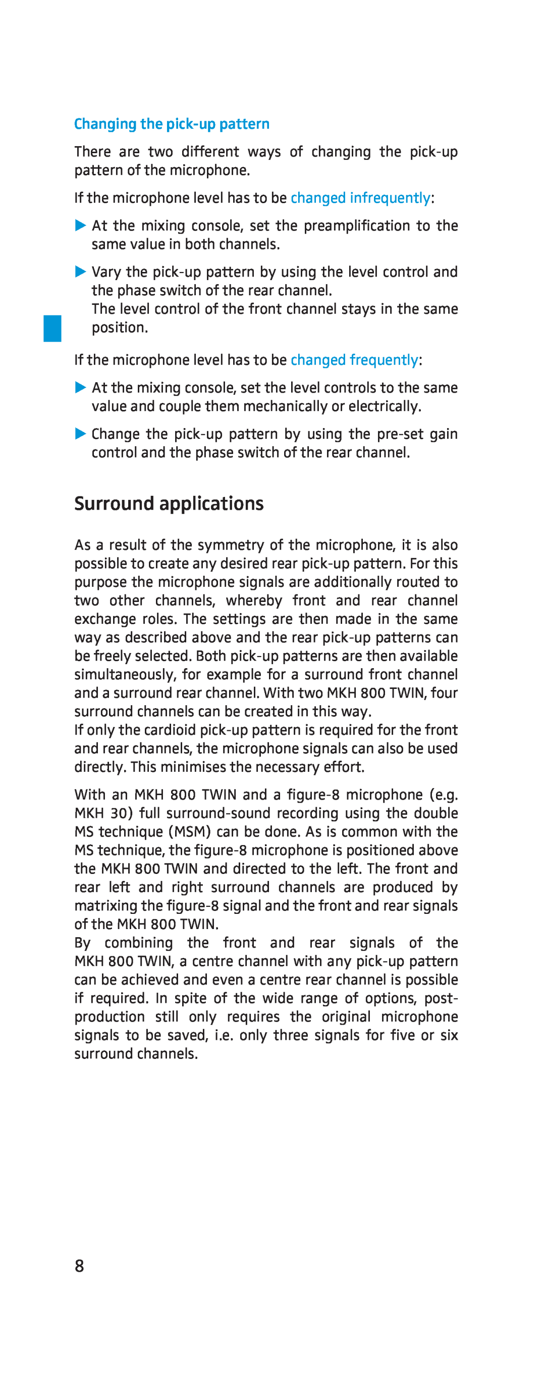 Sennheiser MKH-800 manual Surround applications, Changing the pick-up pattern 