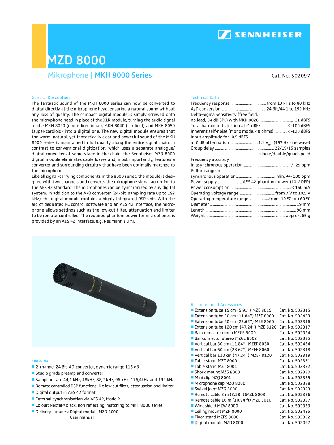 Sennheiser MZD 8000 user manual Mzd, Mikrophone MKH 8000 Series, Cat. No 