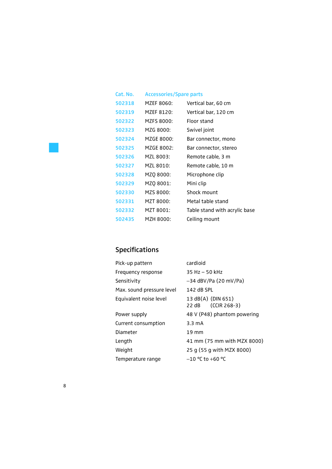 Sennheiser MKH 8000 manual Specifications 