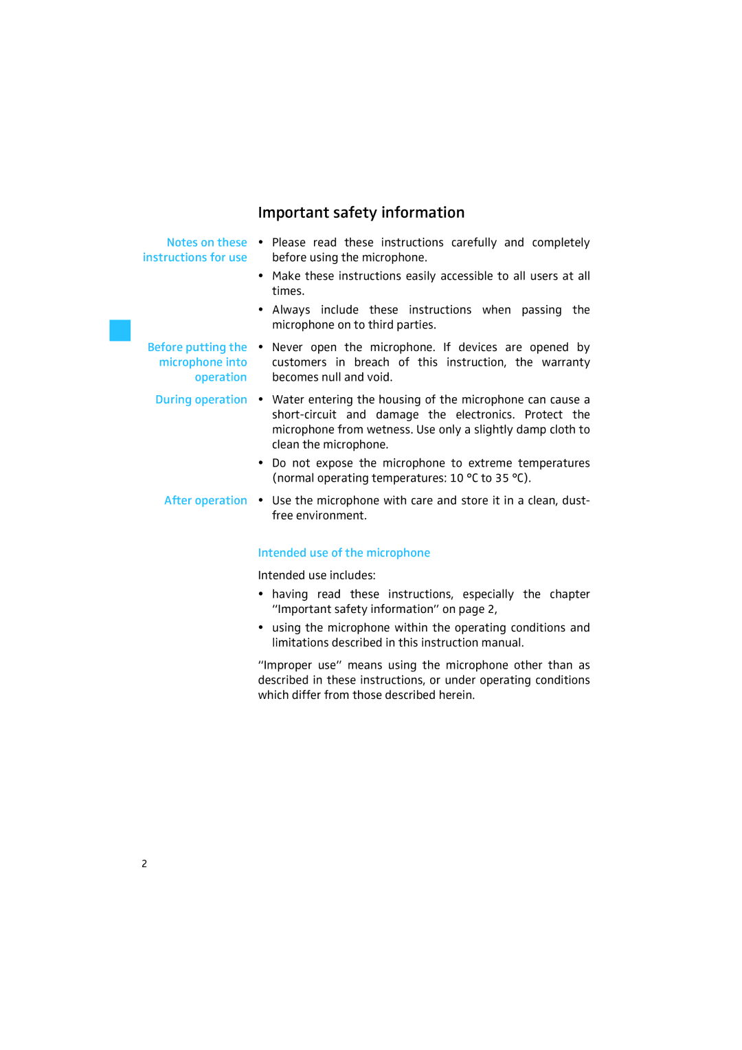 Sennheiser MKH 8000 manual Important safety information, Intended use of the microphone 