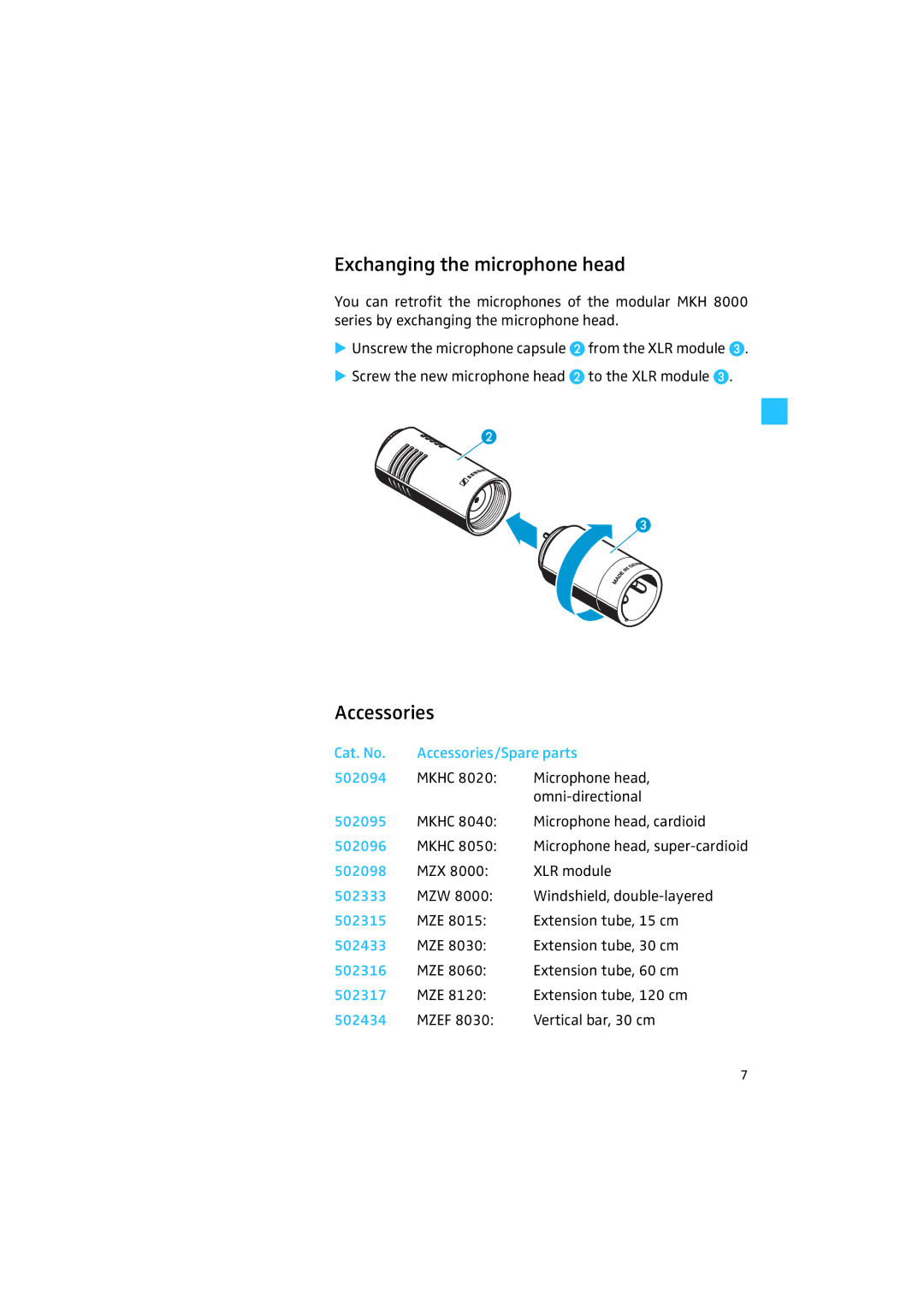 Sennheiser MKH 8000 manual Exchanging the microphone head, Accessories 