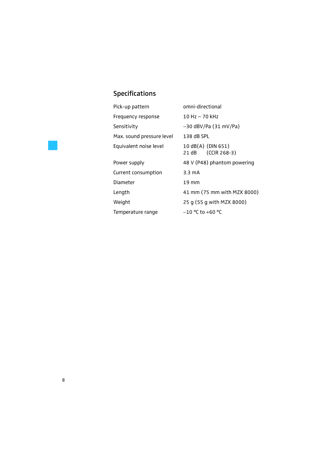 Sennheiser MKH 8020 manual Specifications 