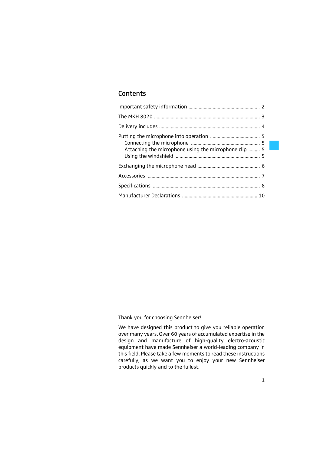 Sennheiser MKH 8020 manual Contents 